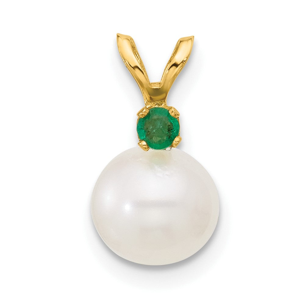Charlie & Co Jewelry | 14k 7-7.5mm White Round Freshwater Cultured Pearl And .09em Emerald Pendant - Model XF741/E
