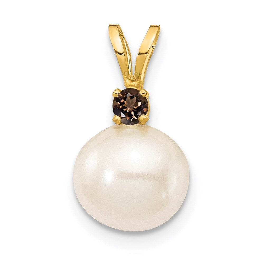 Charlie & Co Jewelry | 14k 8-8.5mm White Round Freshwater Cultured Pearl And .09sq Smoky Quartz Pendant - Model XF742/SQ