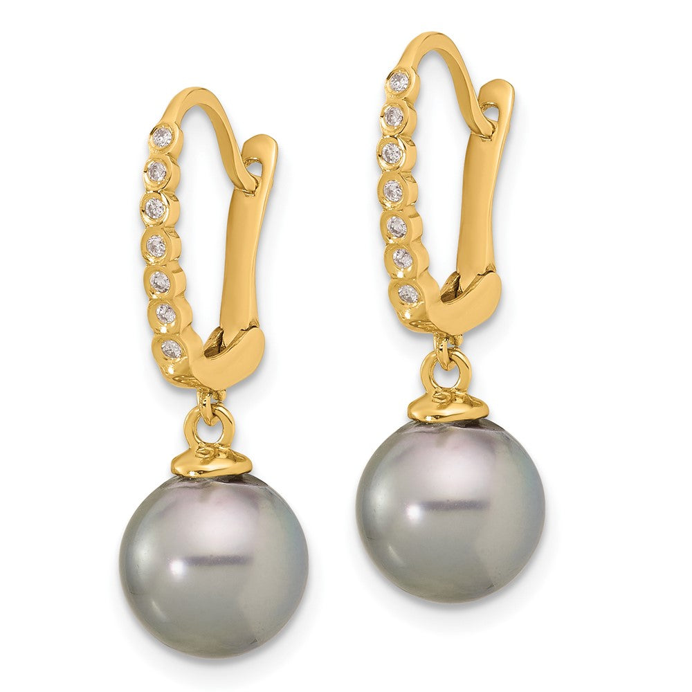 Gold 8-9mm Round Black Tahitian Pearl and .07ct Diamond Dangle Earrings - Model XF814E - Charlie & Co. Jewelry