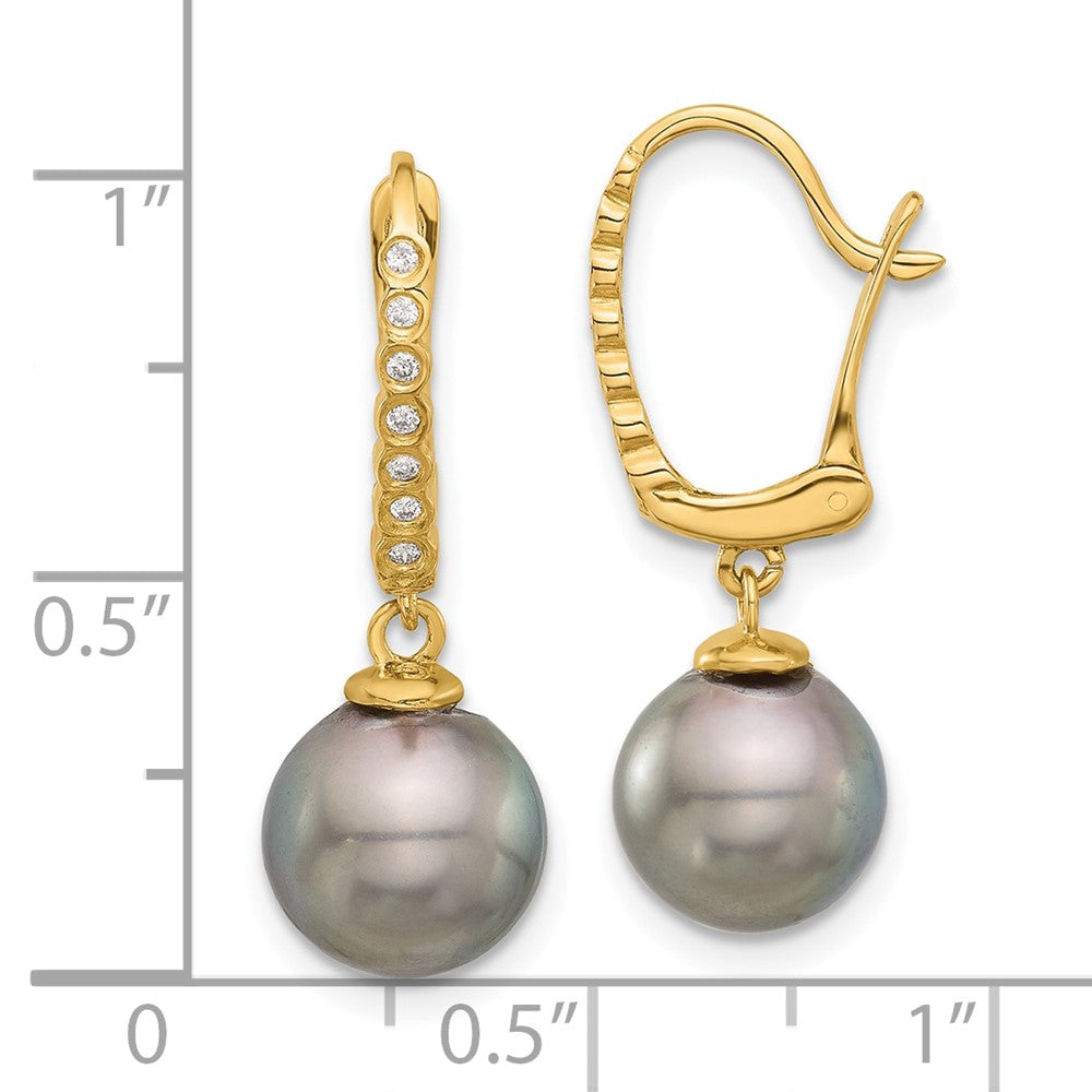 Gold 8-9mm Round Black Tahitian Pearl and .07ct Diamond Dangle Earrings - Model XF814E - Charlie & Co. Jewelry