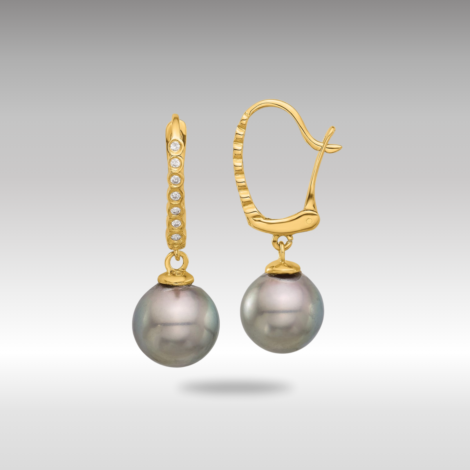 Gold 8-9mm Round Black Tahitian Pearl and .07ct Diamond Dangle Earrings - Model XF814E - Charlie & Co. Jewelry