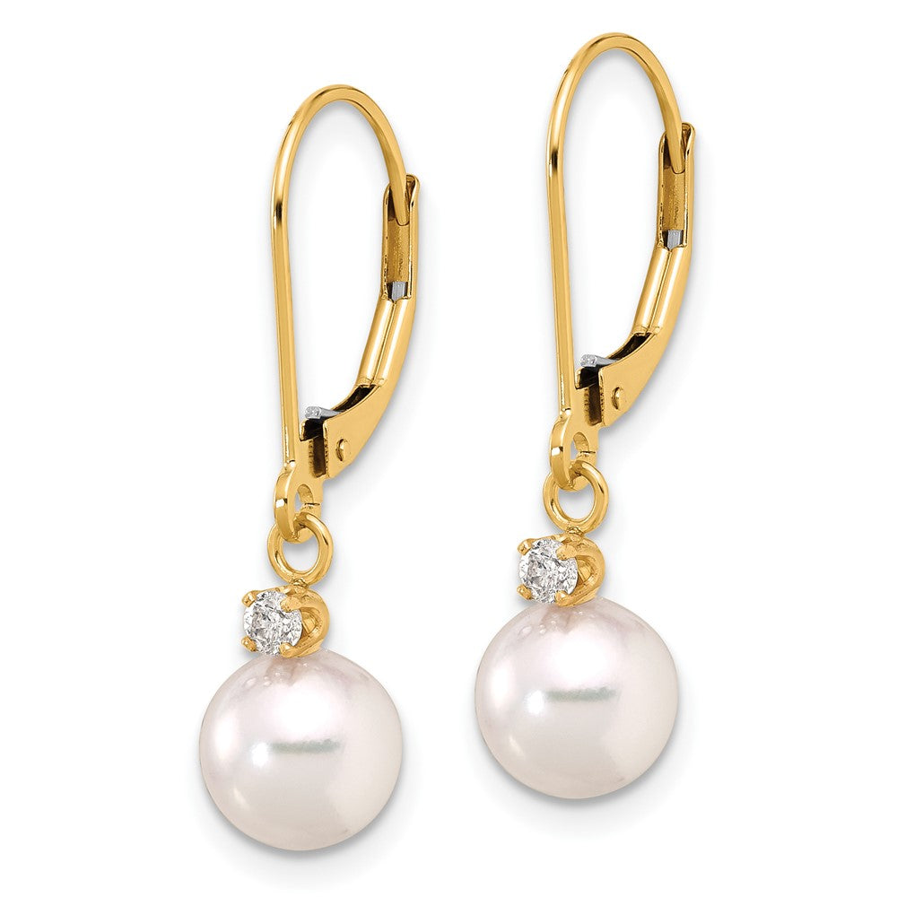 Gold 7-8mm Round White Akoya Pearl .10ct Dia Dangle Leverback Earrings - Model XF836E - Charlie & Co. Jewelry