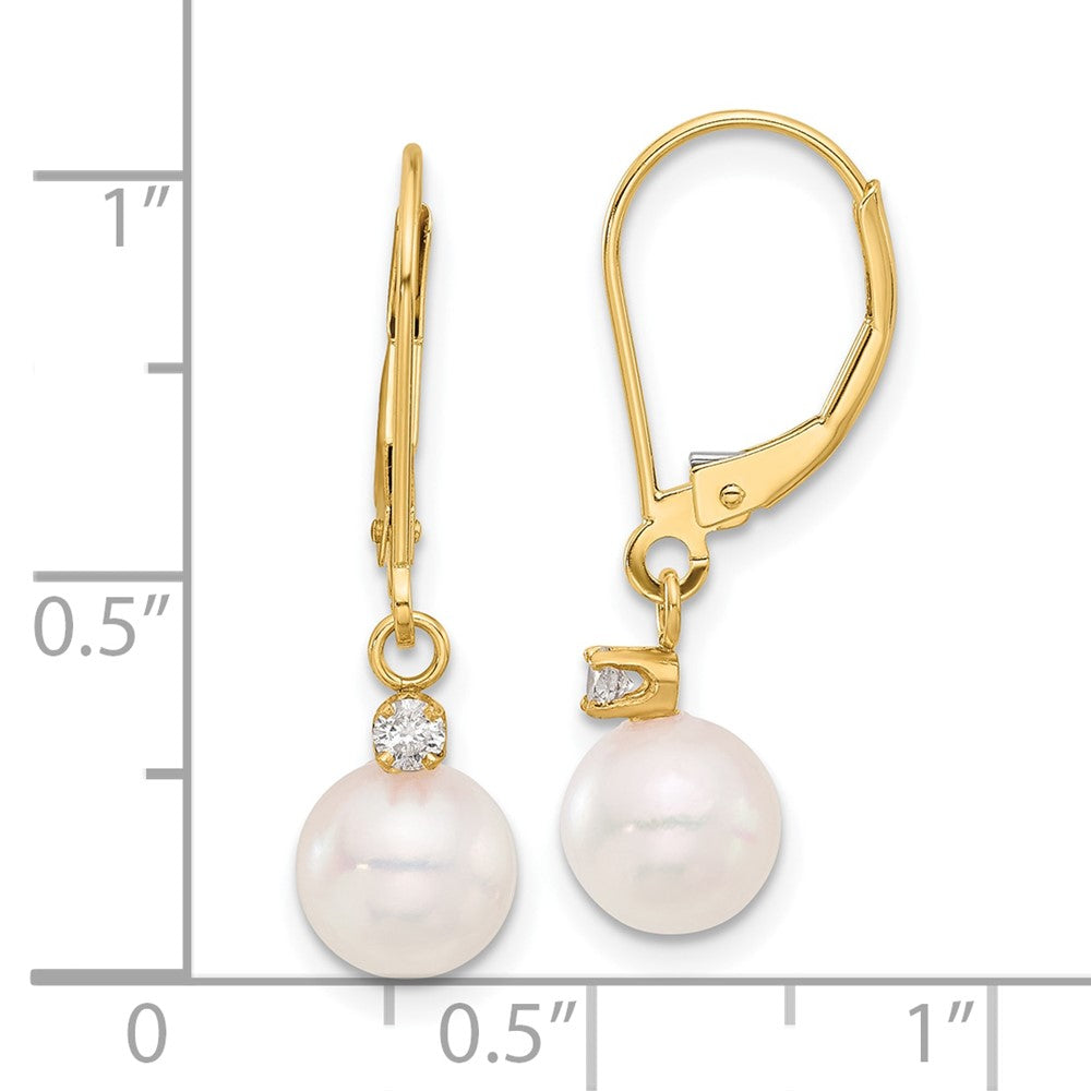 Gold 7-8mm Round White Akoya Pearl .10ct Dia Dangle Leverback Earrings - Model XF836E - Charlie & Co. Jewelry