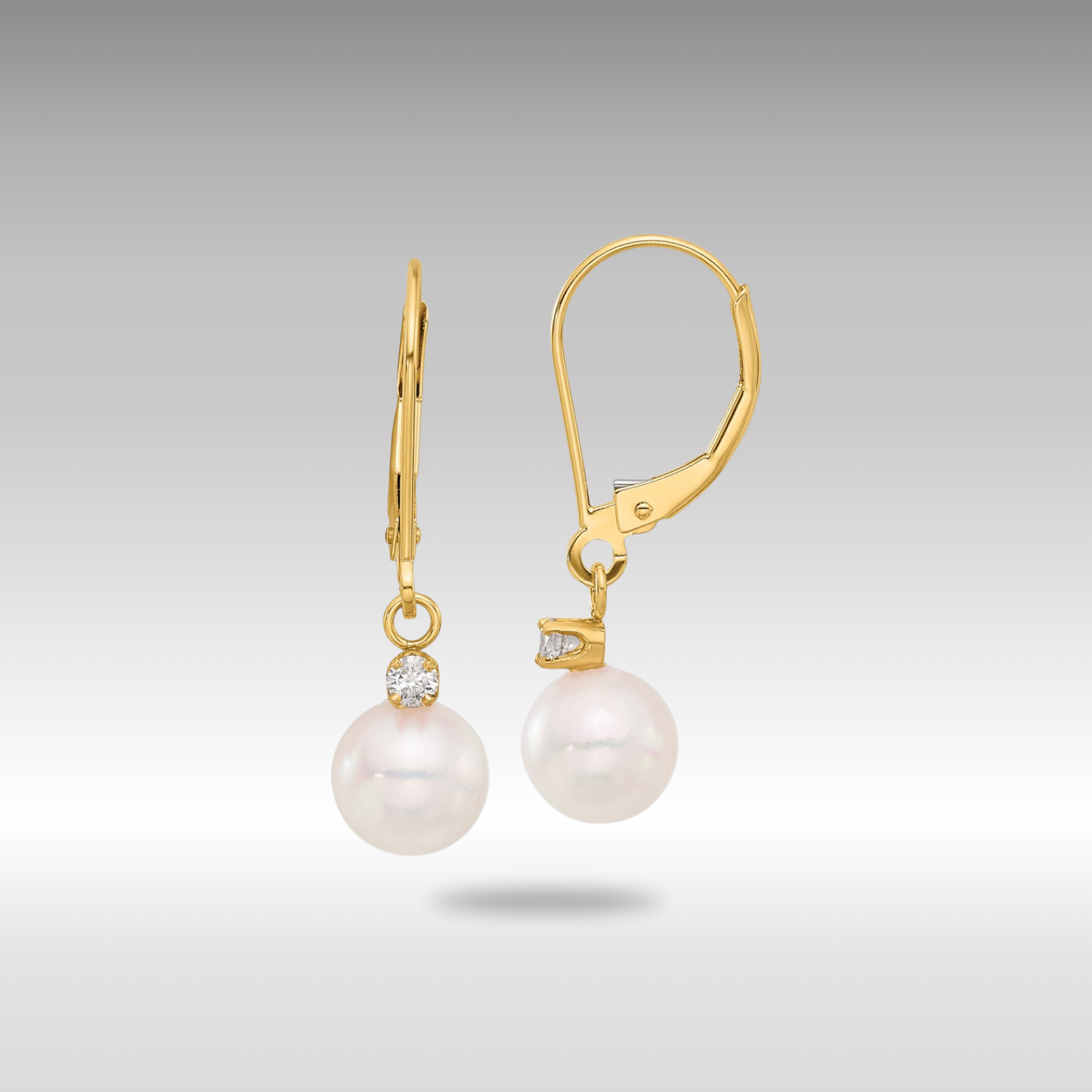 Gold 7-8mm Round White Akoya Pearl .10ct Dia Dangle Leverback Earrings - Model XF836E - Charlie & Co. Jewelry