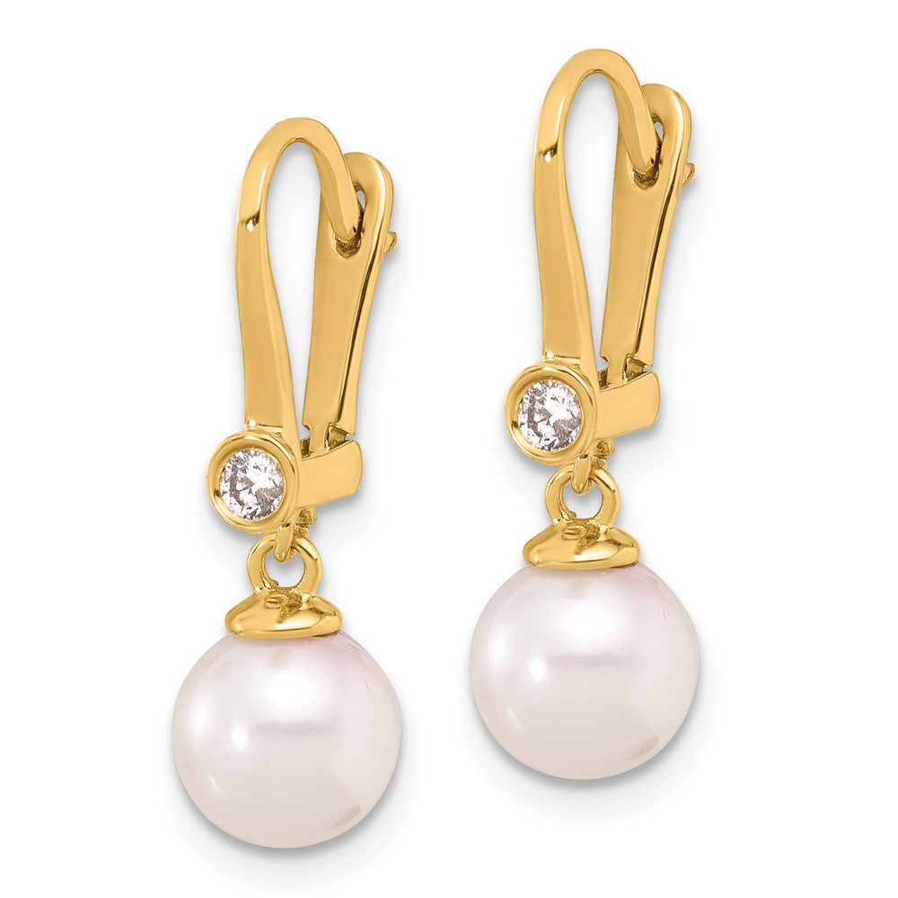 Gold 7-8mm Round White Akoya Pearl and .10ct Diamond Dangle Earrings - Model XF837E - Charlie & Co. Jewelry