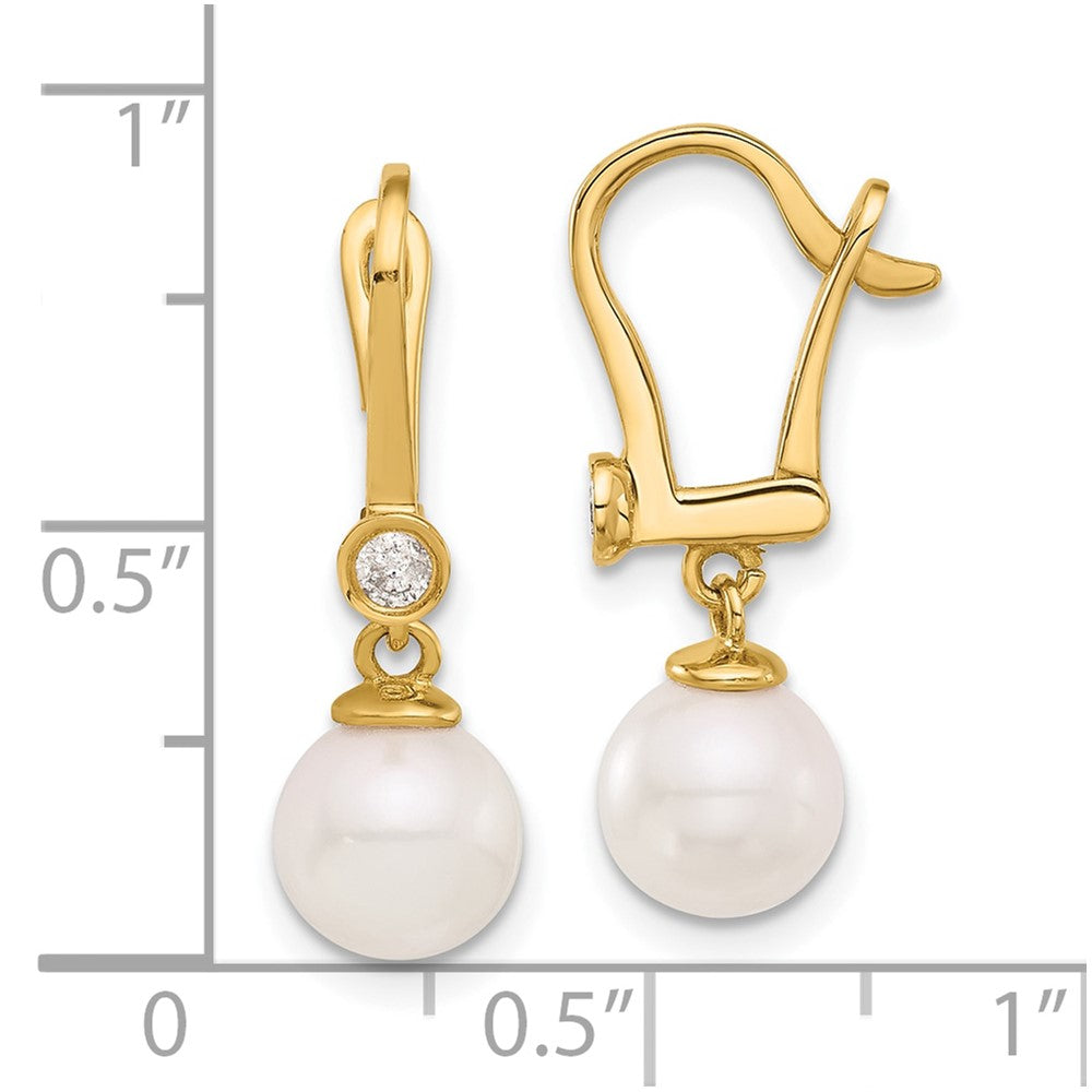 Gold 7-8mm Round White Akoya Pearl and .10ct Diamond Dangle Earrings - Model XF837E - Charlie & Co. Jewelry