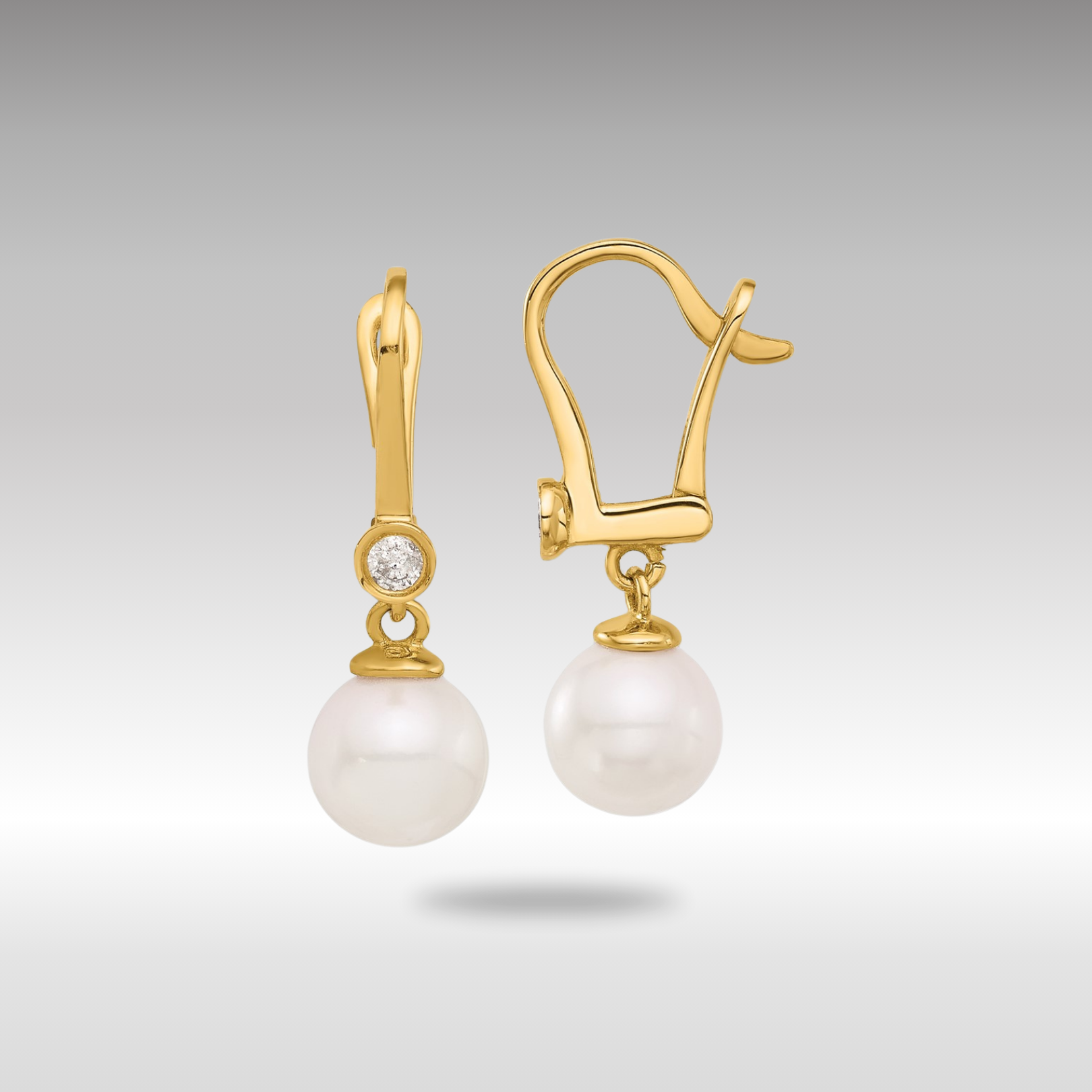 Gold 7-8mm Round White Akoya Pearl and .10ct Diamond Dangle Earrings - Model XF837E - Charlie & Co. Jewelry