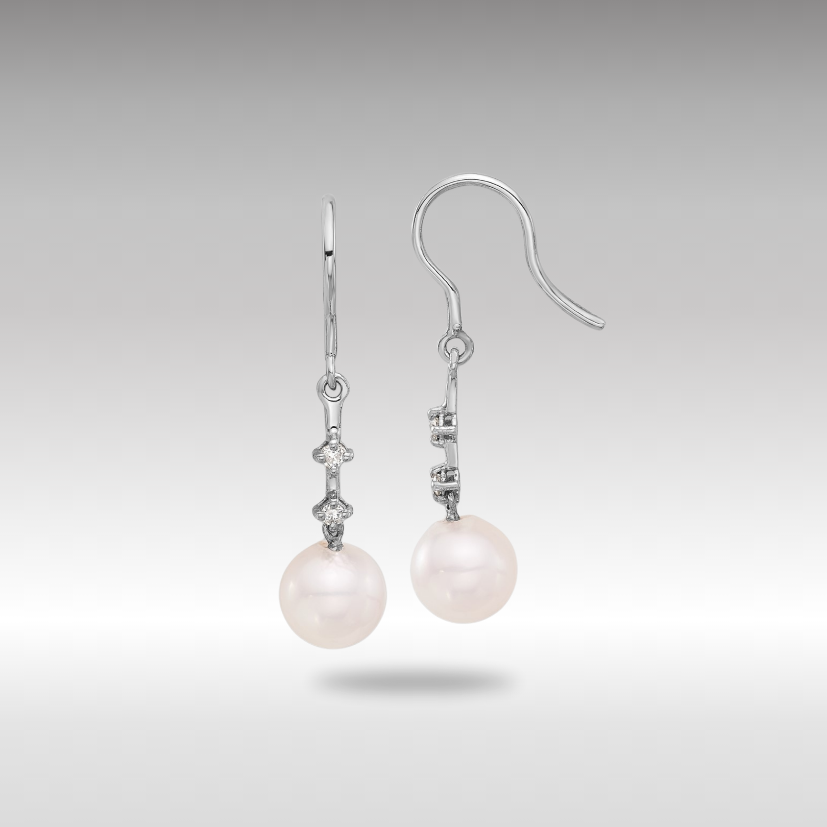 White Gold 7-8mm Wht Akoya Pearl .04ct Dia Shepherd Hook Earrings - Model XF839E - Charlie & Co. Jewelry