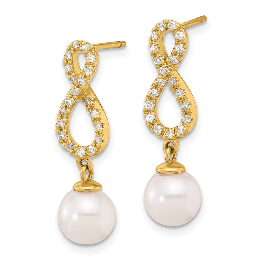 Gold 7-8mm Rnd Wht Akoya Pearl and .40ct Diamond Infinity Post Dangle Earrings - Model XF840E - Charlie & Co. Jewelry