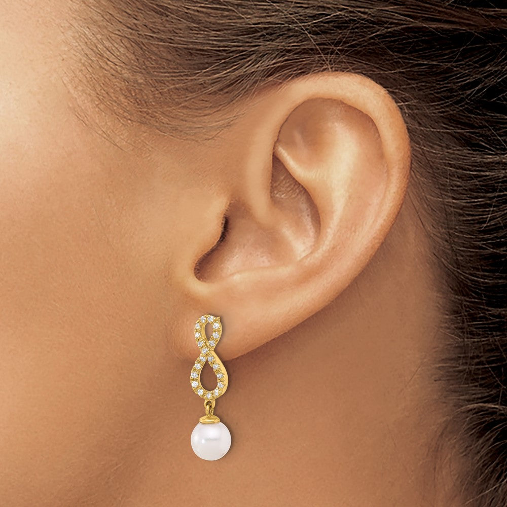 Gold 7-8mm Rnd Wht Akoya Pearl and .40ct Diamond Infinity Post Dangle Earrings - Model XF840E - Charlie & Co. Jewelry