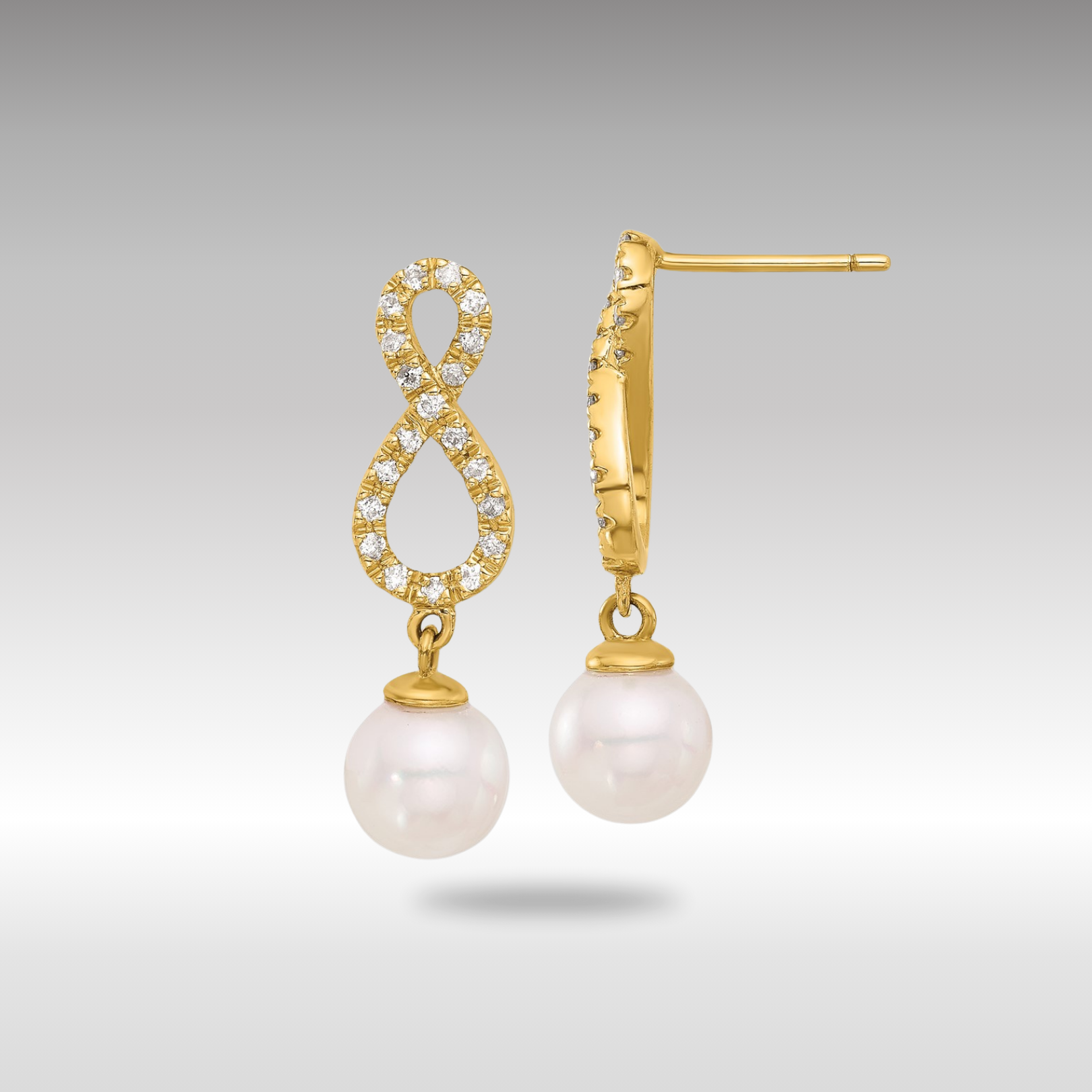 Gold 7-8mm Rnd Wht Akoya Pearl and .40ct Diamond Infinity Post Dangle Earrings - Model XF840E - Charlie & Co. Jewelry