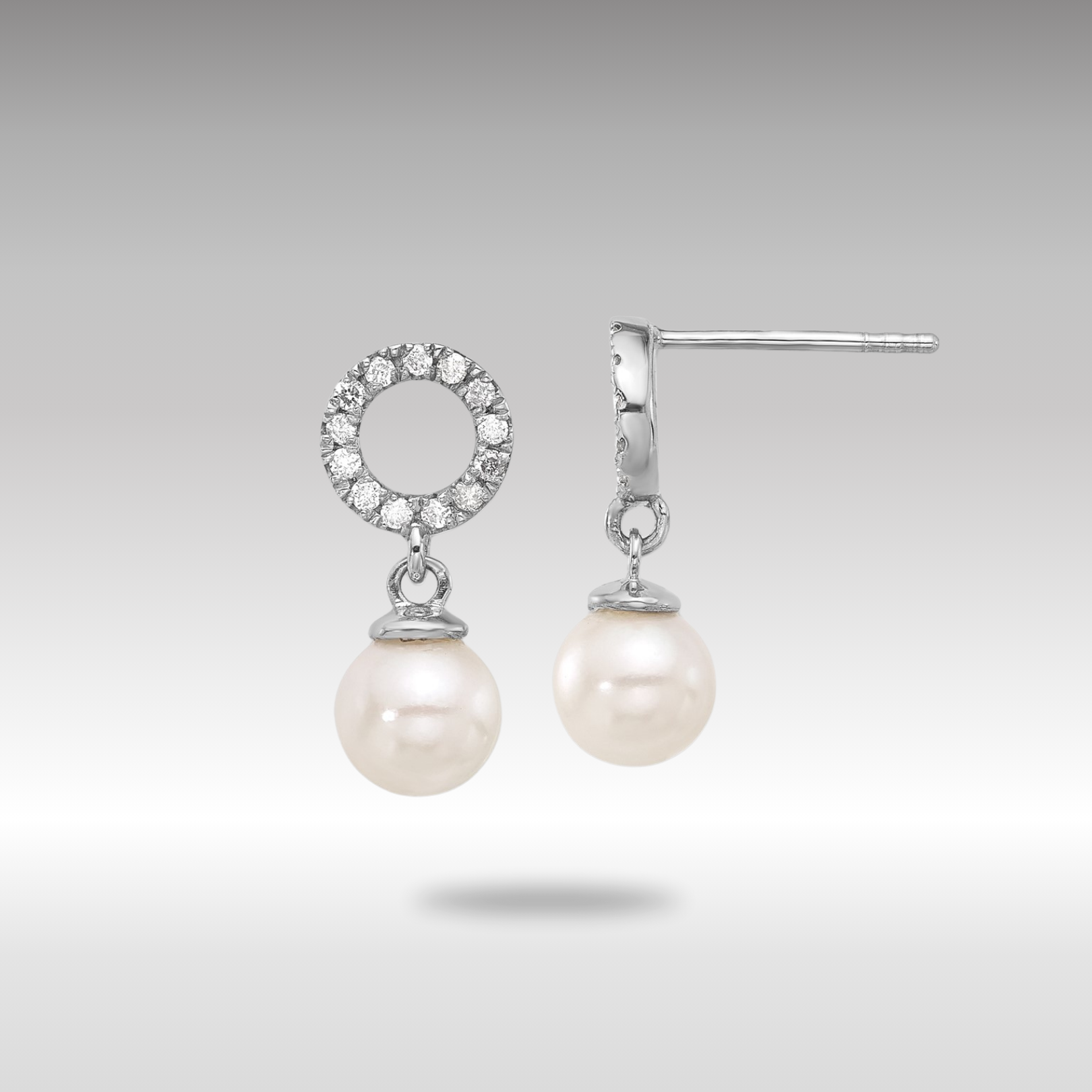 White Gold 6-7mm Rnd White Akoya Pearl and .20ct Diamond Dangle Earrings - Model XF841E - Charlie & Co. Jewelry