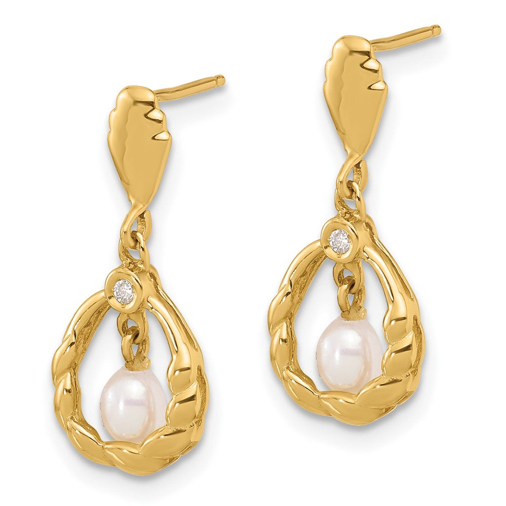 Gold 3-4mm Teardrop White FWC Pearl and .02ct Dia Post Dangle Earrings - Model XF843E - Charlie & Co. Jewelry