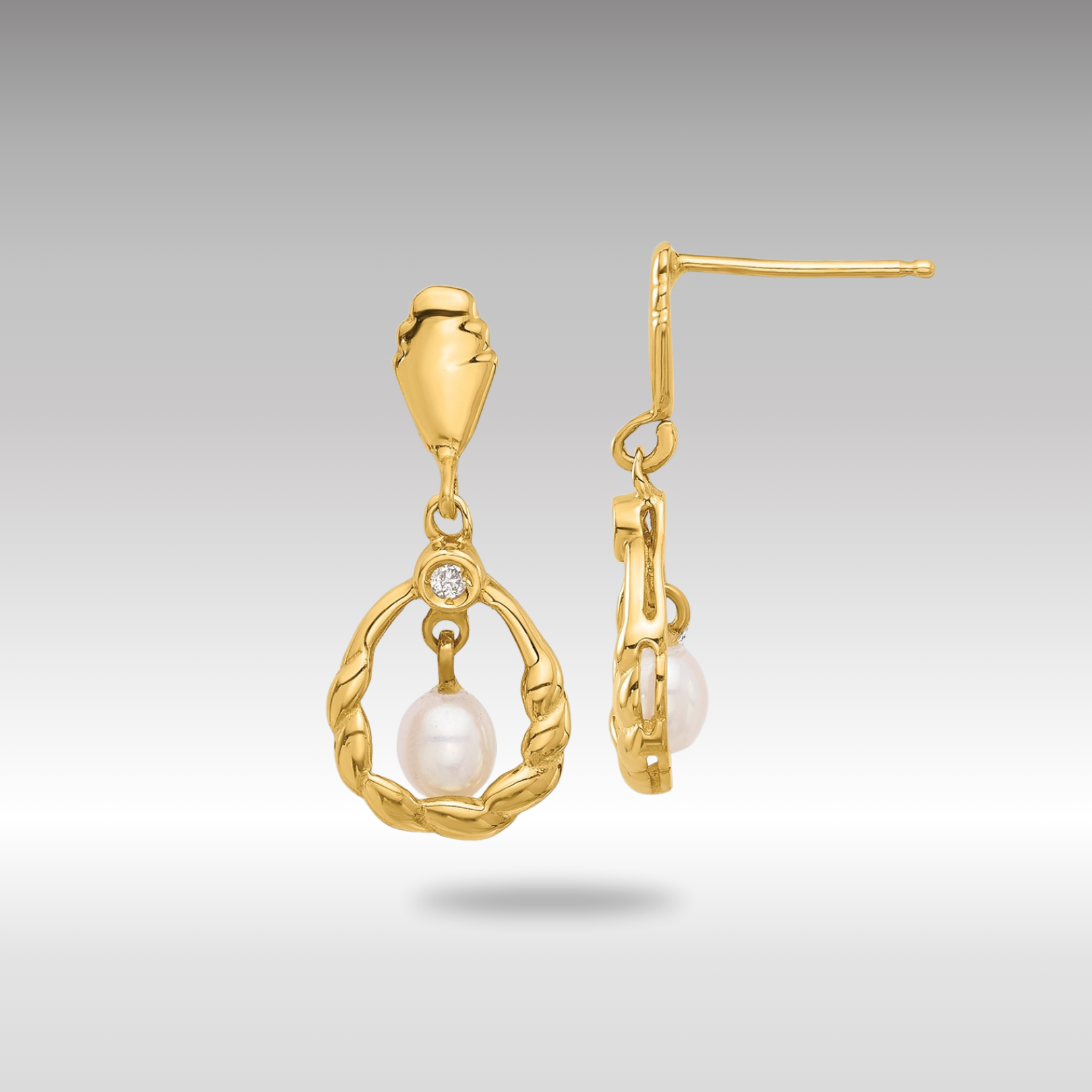 Gold 3-4mm Teardrop White FWC Pearl and .02ct Dia Post Dangle Earrings - Model XF843E - Charlie & Co. Jewelry