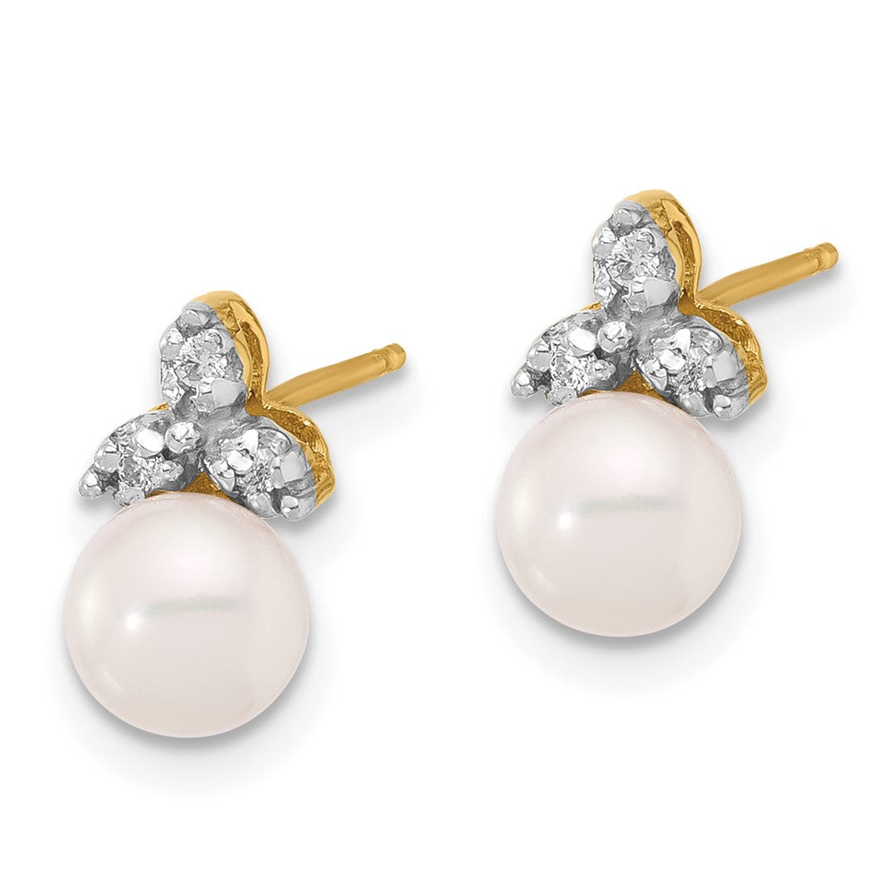 Gold 5-6mm Round White FWC Pearl and .06ct Diamond Post Earrings - Model XF846E - Charlie & Co. Jewelry