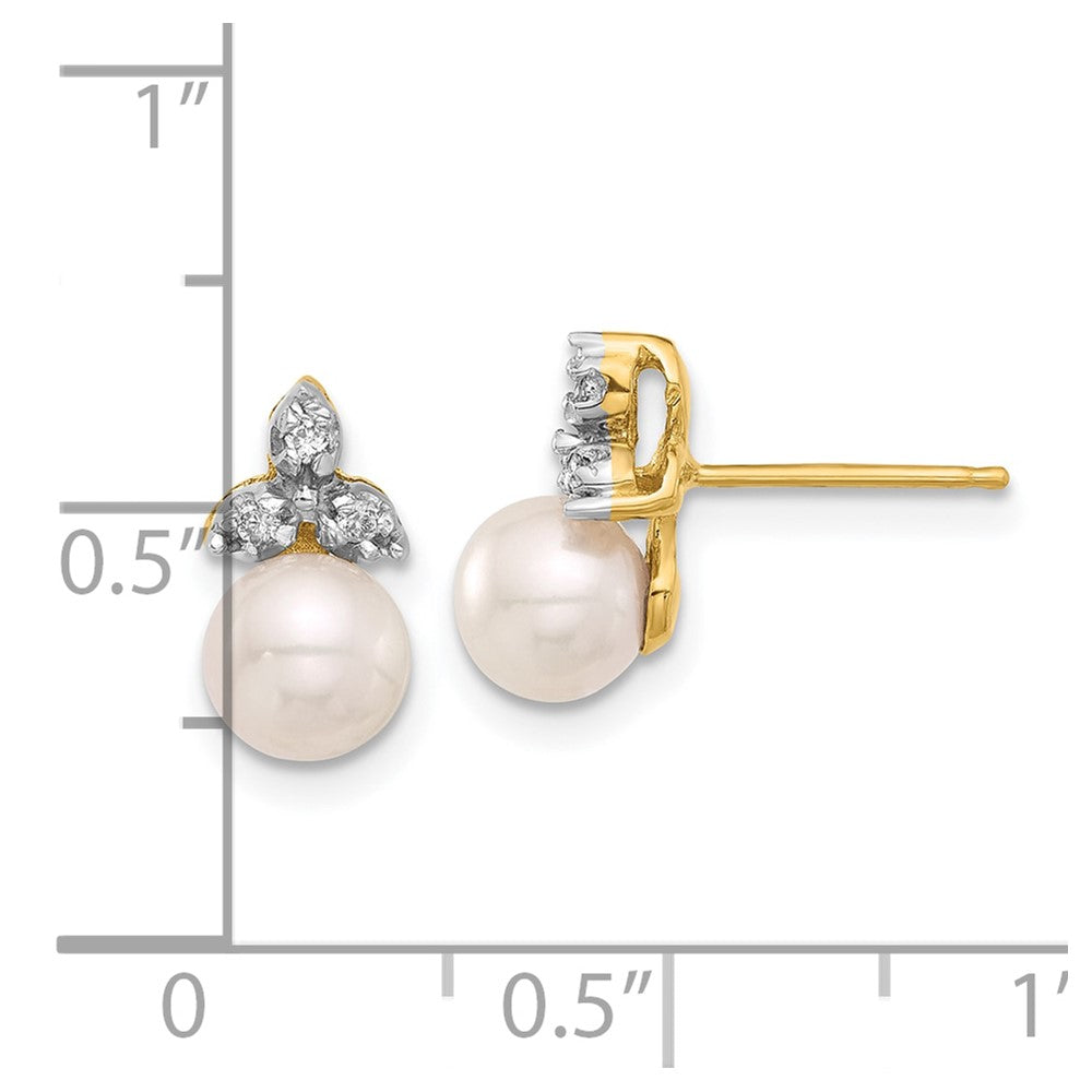 Gold 5-6mm Round White FWC Pearl and .06ct Diamond Post Earrings - Model XF846E - Charlie & Co. Jewelry