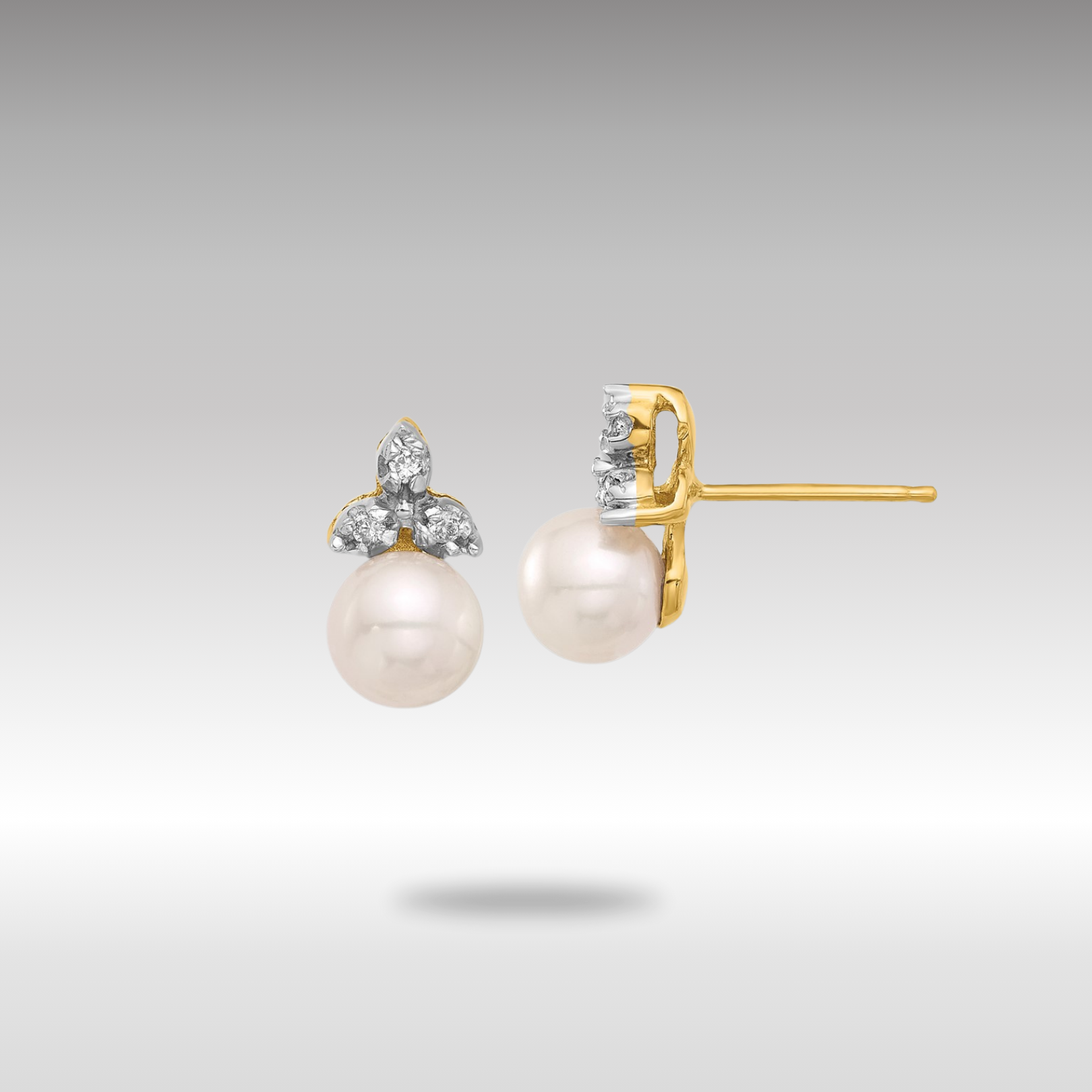 Gold 5-6mm Round White FWC Pearl and .06ct Diamond Post Earrings - Model XF846E - Charlie & Co. Jewelry