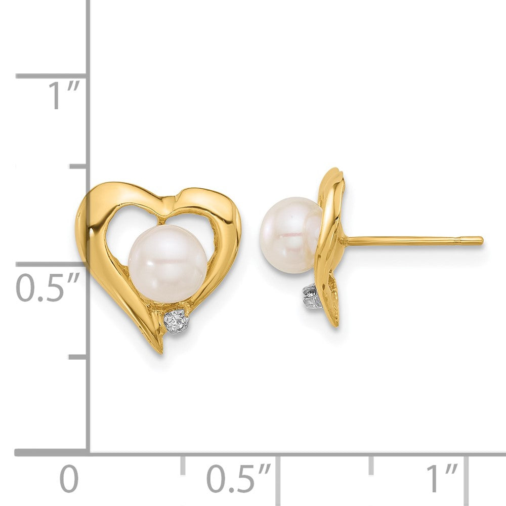 Gold 5-6mm Button White FWC Pearl .02ct Diamond Heart Post Earrings - Model XF849E - Charlie & Co. Jewelry