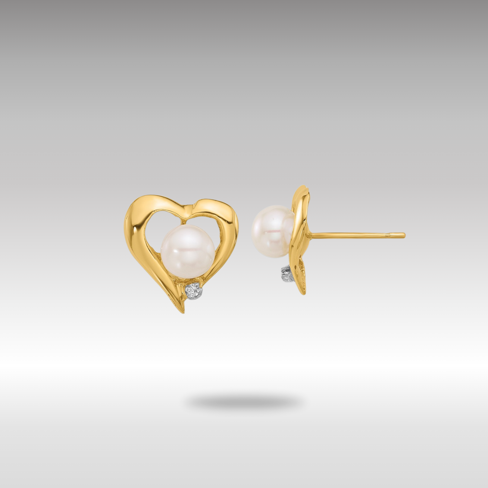 Gold 5-6mm Button White FWC Pearl .02ct Diamond Heart Post Earrings - Model XF849E - Charlie & Co. Jewelry