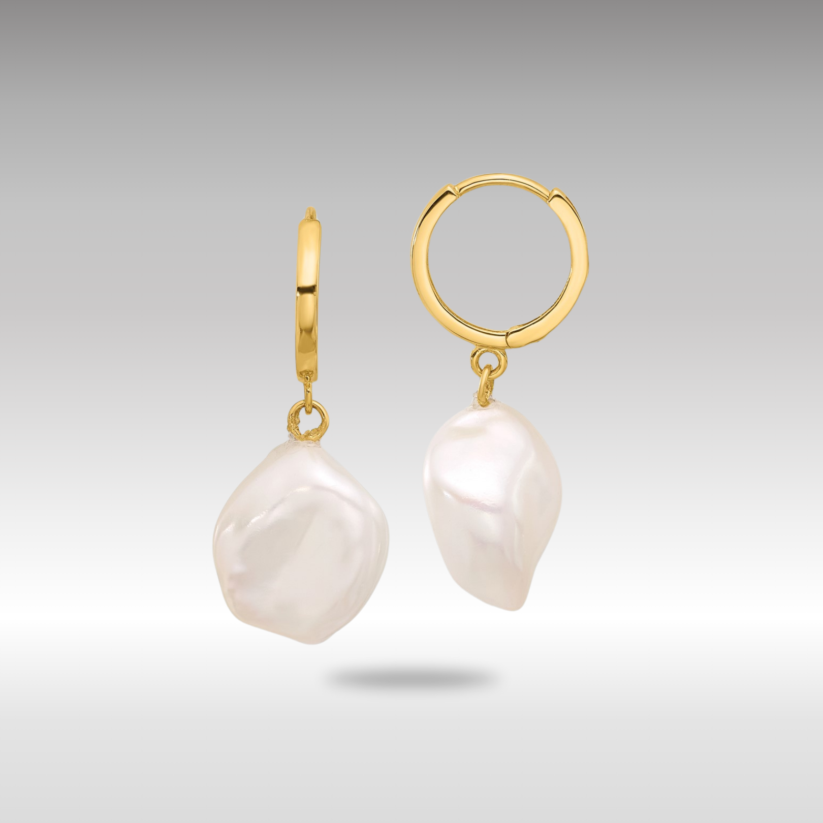 Gold 11-12mm Keshi White Freshwater Cultured Pearl Dangle Hoop Earrings - Model XF860E - Charlie & Co. Jewelry