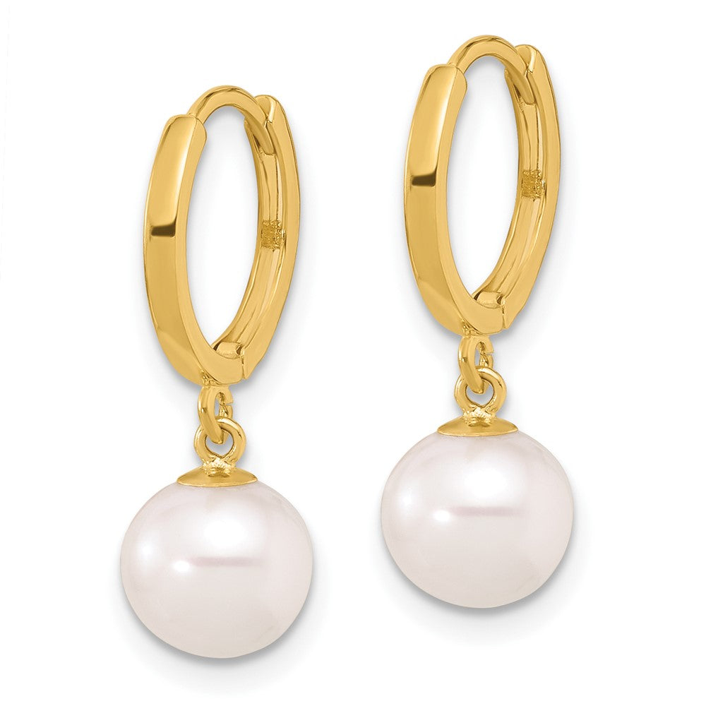 Gold 7-8mm Round Freshwater Cultured Pearl Dangle Hoop Earrings - Model XF861E - Charlie & Co. Jewelry