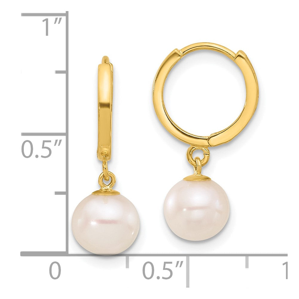 Gold 7-8mm Round Freshwater Cultured Pearl Dangle Hoop Earrings - Model XF861E - Charlie & Co. Jewelry