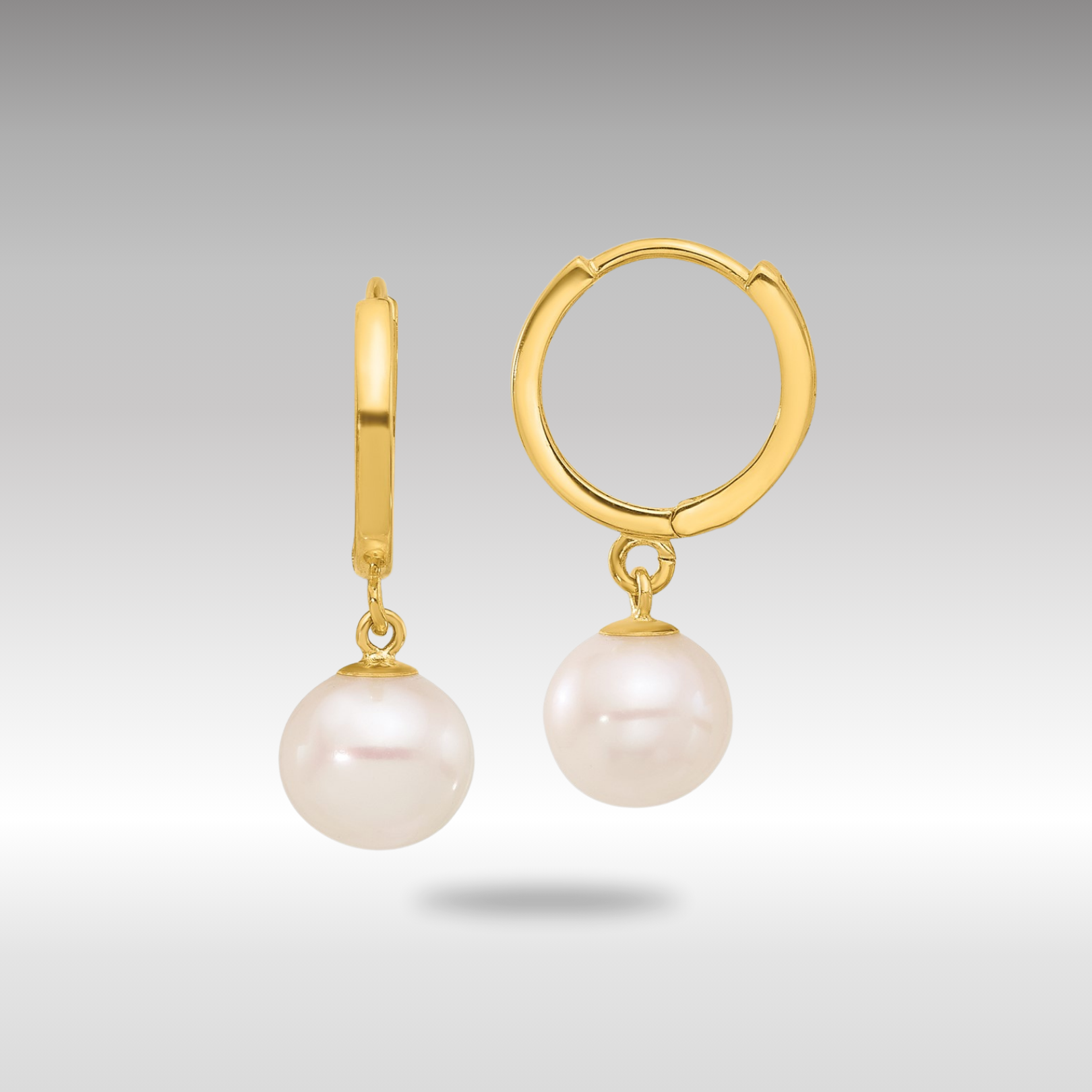 Gold 7-8mm Round Freshwater Cultured Pearl Dangle Hoop Earrings - Model XF861E - Charlie & Co. Jewelry