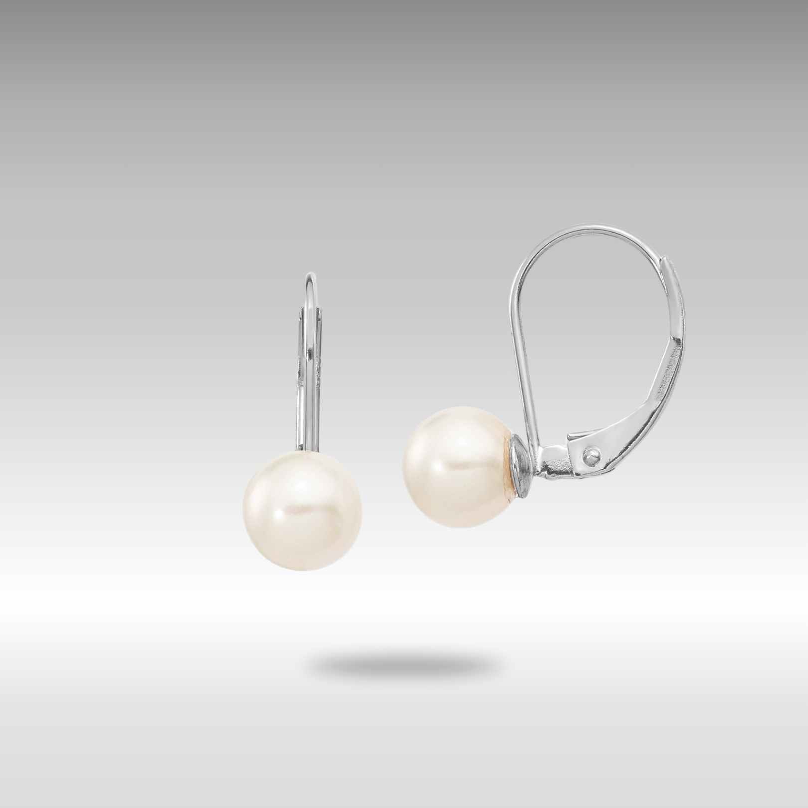 White Gold 6-7mm Round White Akoya Pearl Leverback Earrings - Model XFW480E - Charlie & Co. Jewelry