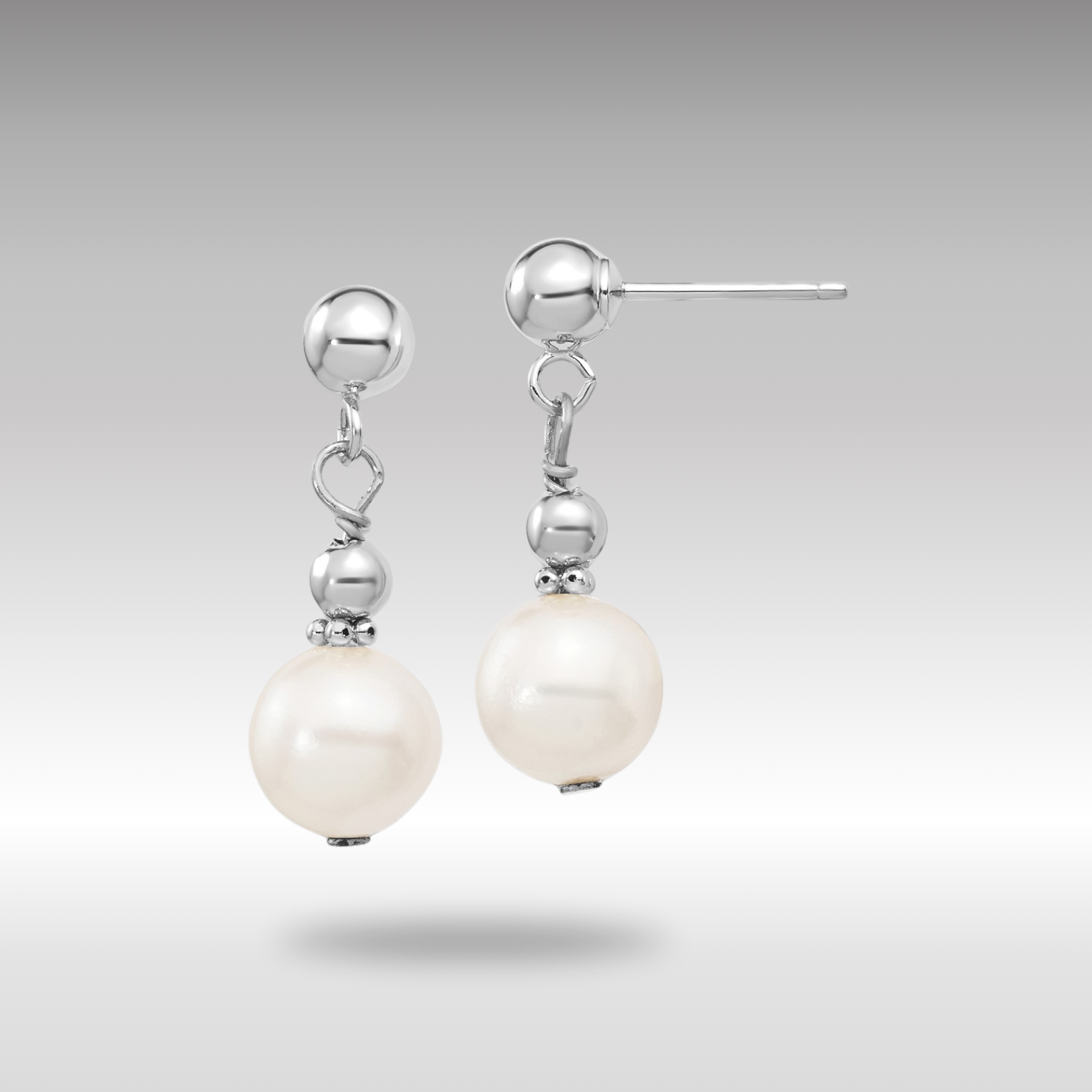 White Gold 7-8mm White Semi-round Freshwater Cultured Pearl Dangle Post Earrings Model-XFW564 - Charlie & Co. Jewelry