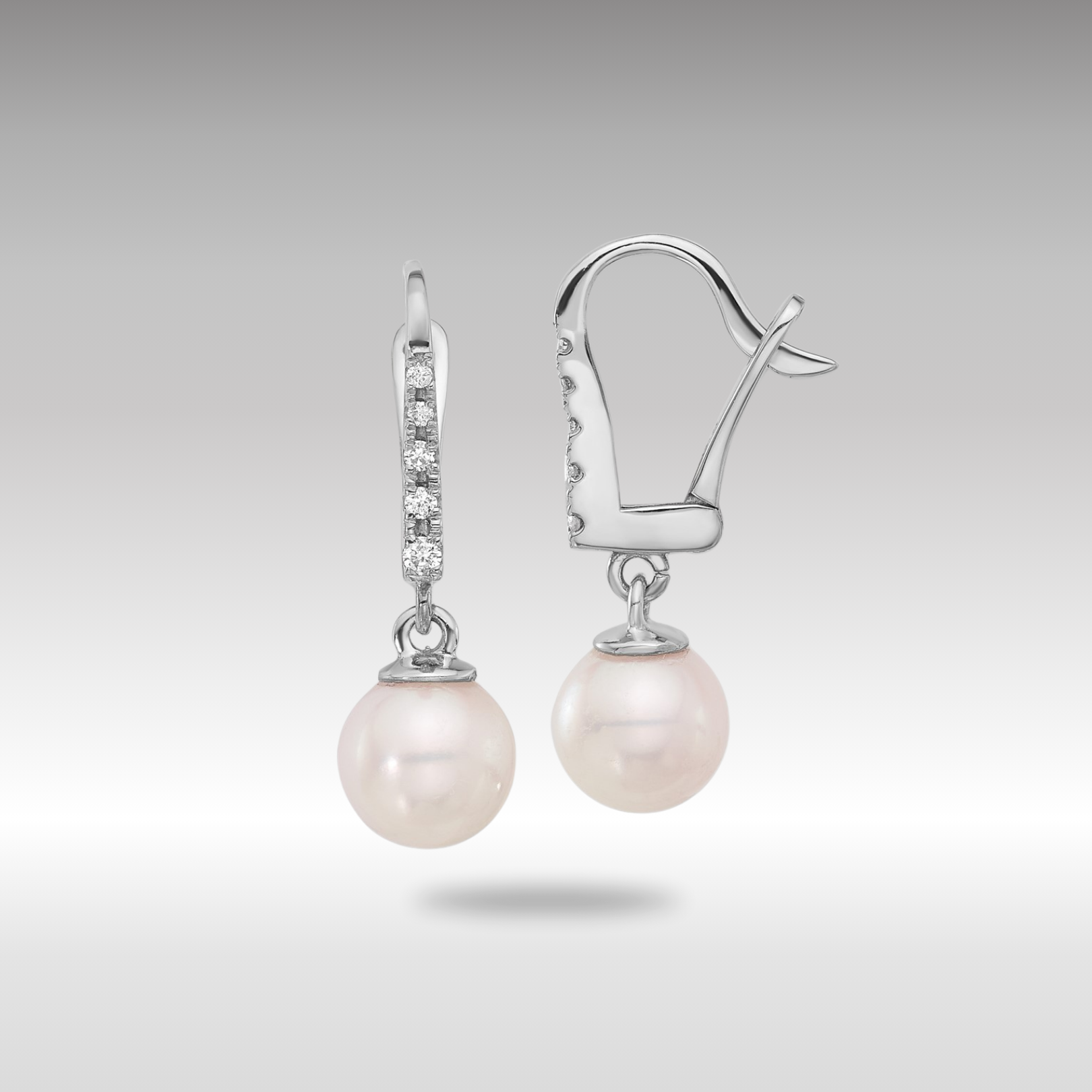 White Gold 6-7mm Rnd Wht Akoya Pearl and .085ct Dia Dangle Earrings - Model XFW838E - Charlie & Co. Jewelry