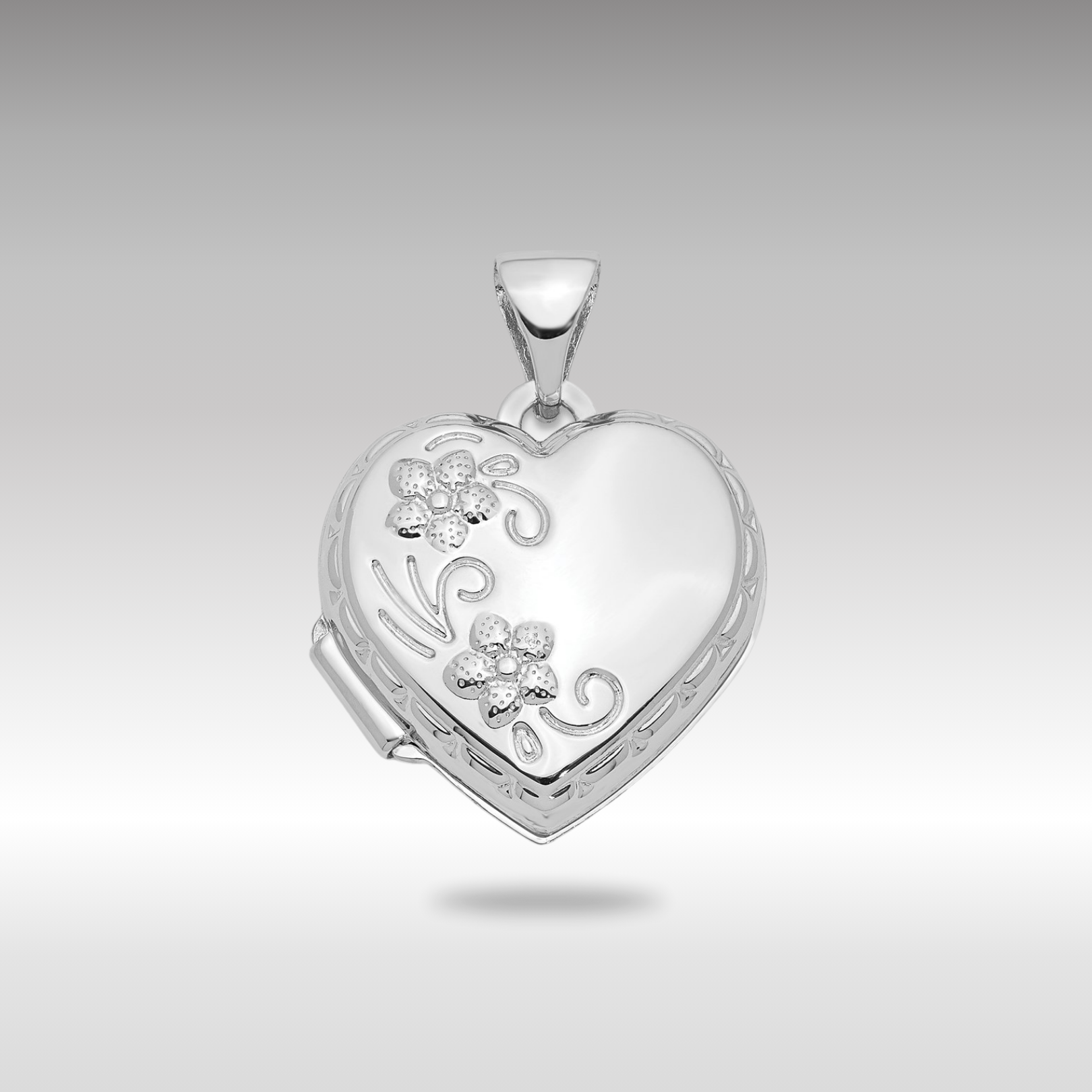 White Gold Polished Reversible Floral Heart Locket Pendant - Model XL306 - Charlie & Co. Jewelry