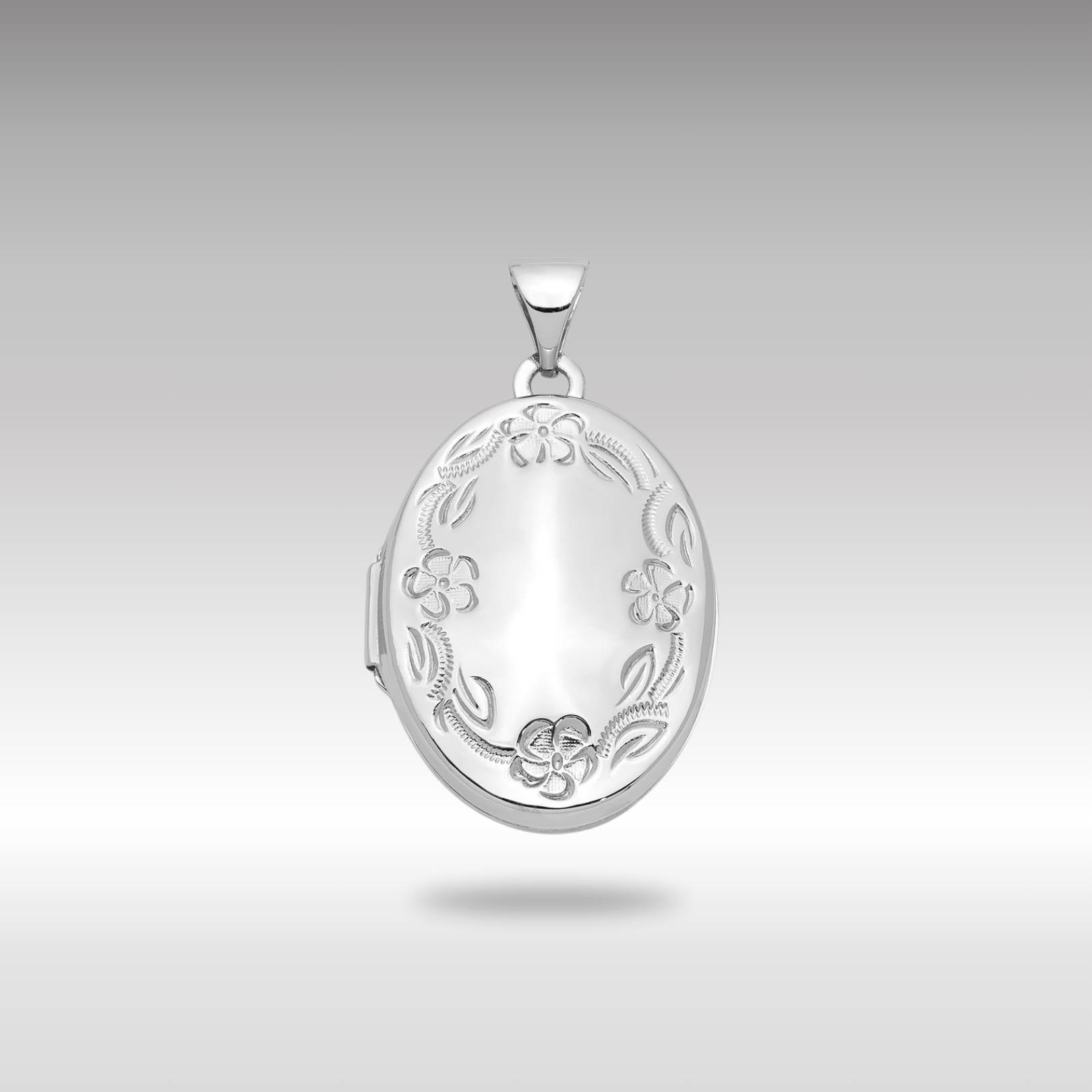 White Gold 21mm Oval Leaf Floral Scroll Border H/Eng Locket - Model XL534 - Charlie & Co. Jewelry