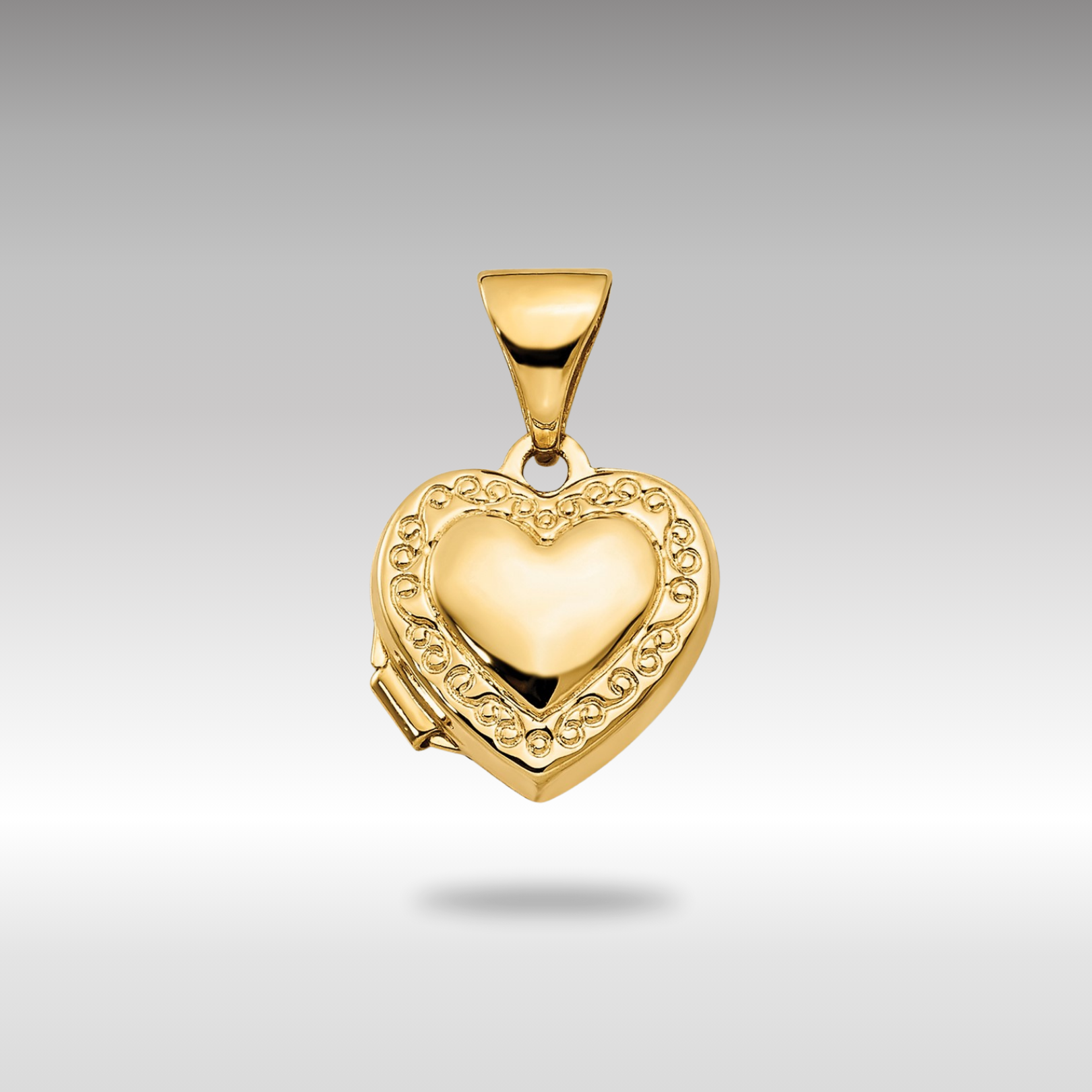 Gold Scroll Border 10mm Small Heart Locket Pendant - Model XL63 - Charlie & Co. Jewelry