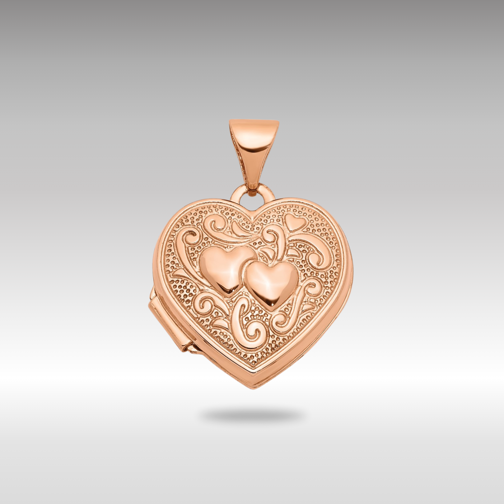 Rose Gold Textured Double Heart Scroll Design 15mm Heart Locket - Model XL659 - Charlie & Co. Jewelry