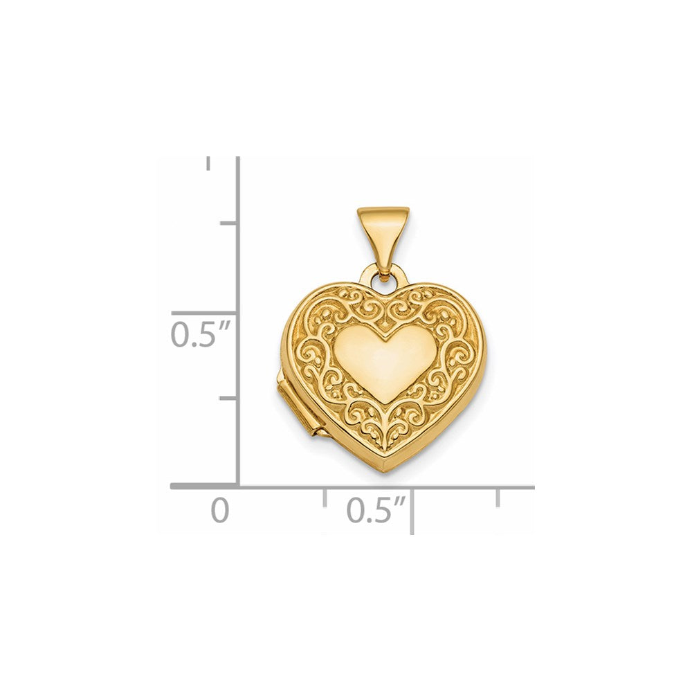 Gold Polished Fancy Scroll Design Reversible 15mm Heart Locket - Model XL713 - Charlie & Co. Jewelry