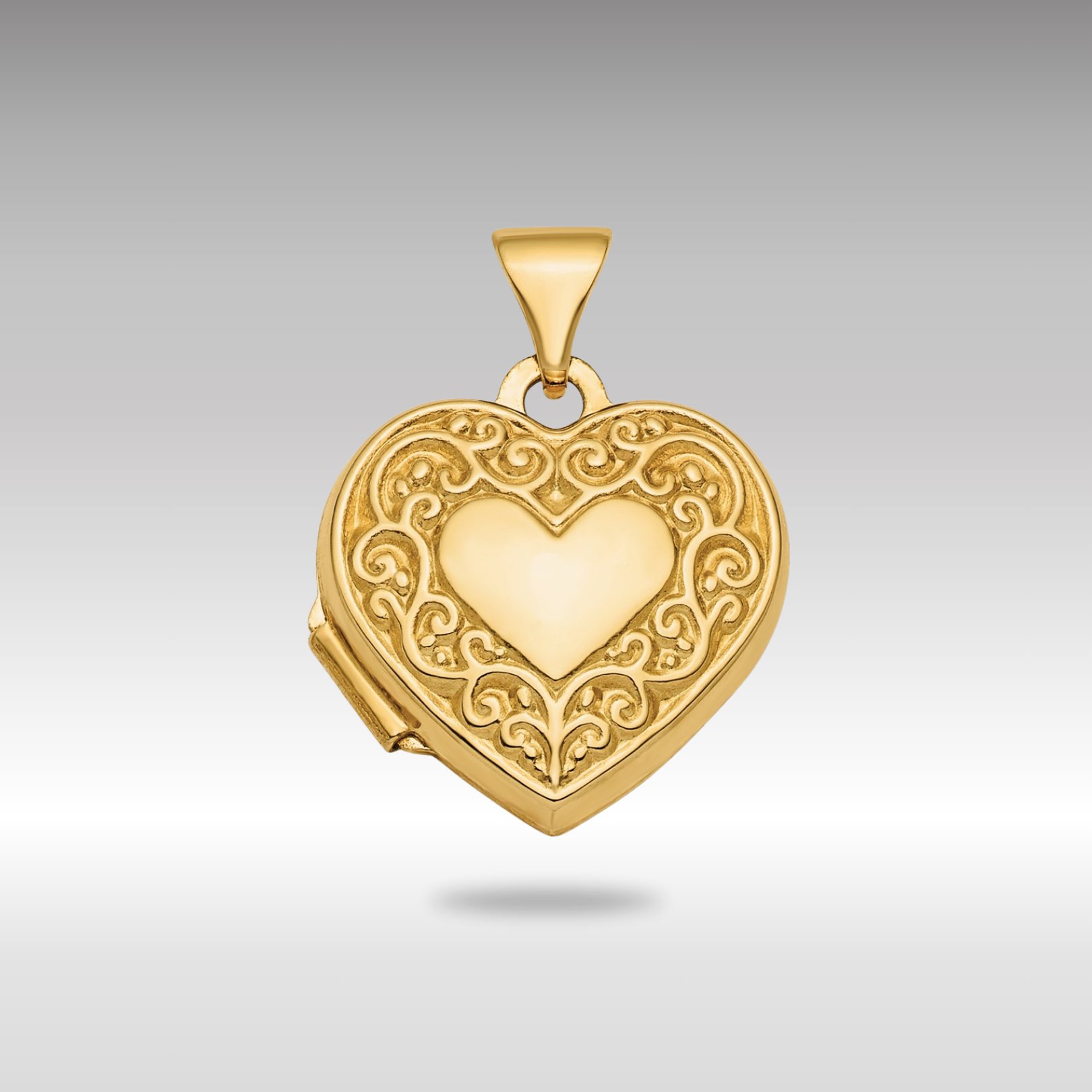 Gold Polished Fancy Scroll Design Reversible 15mm Heart Locket - Model XL713 - Charlie & Co. Jewelry