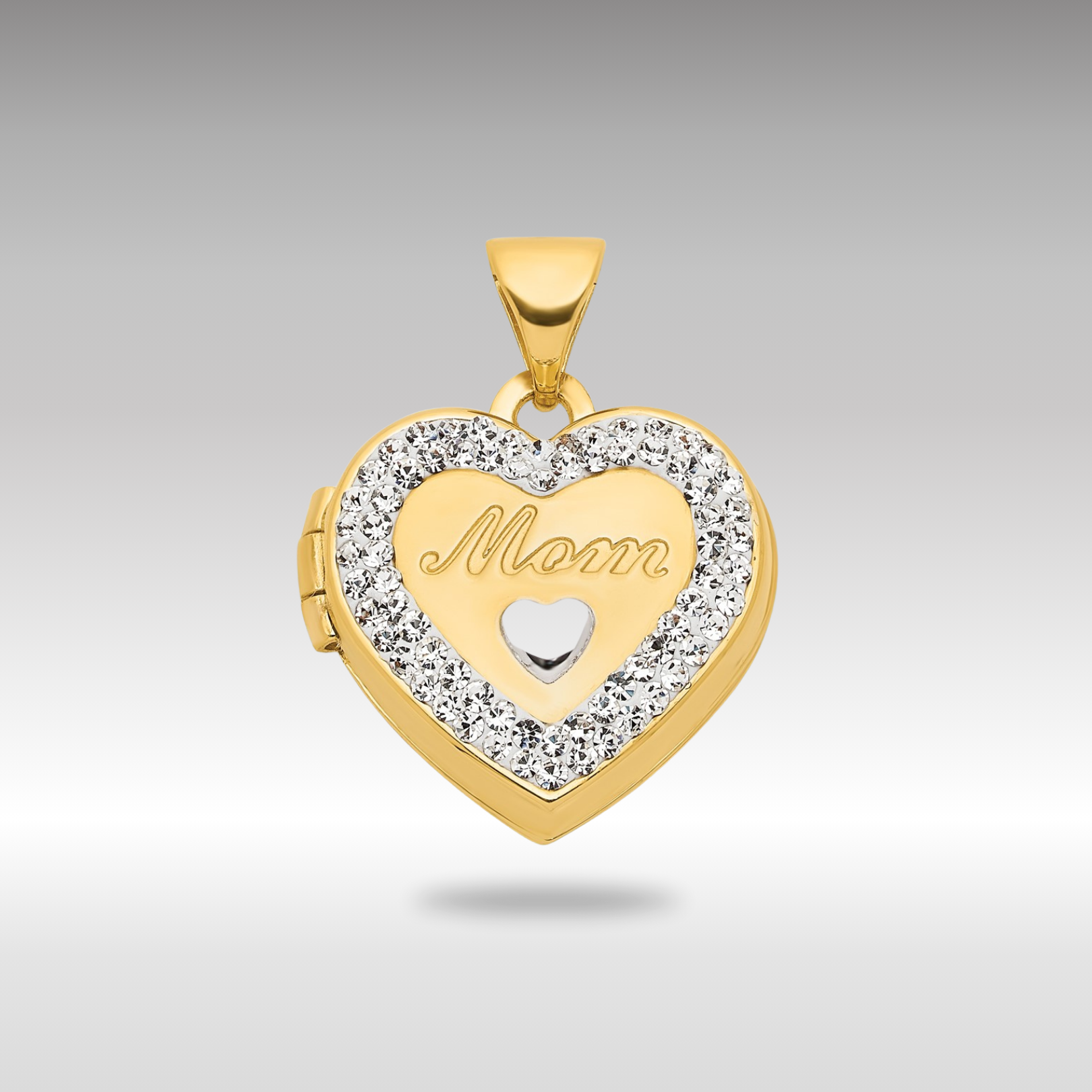 Gold with White Rhodium Crystal 16mm MOM Heart Locket Pendant - Model XL753 - Charlie & Co. Jewelry