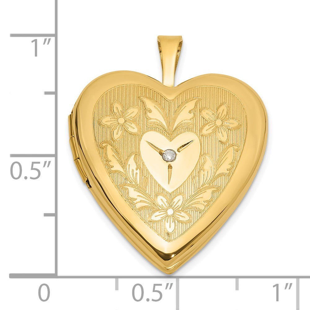 Gold 20mm Polished Floral Design Diamond Heart Locket Pendant - Model XL848 - Charlie & Co. Jewelry