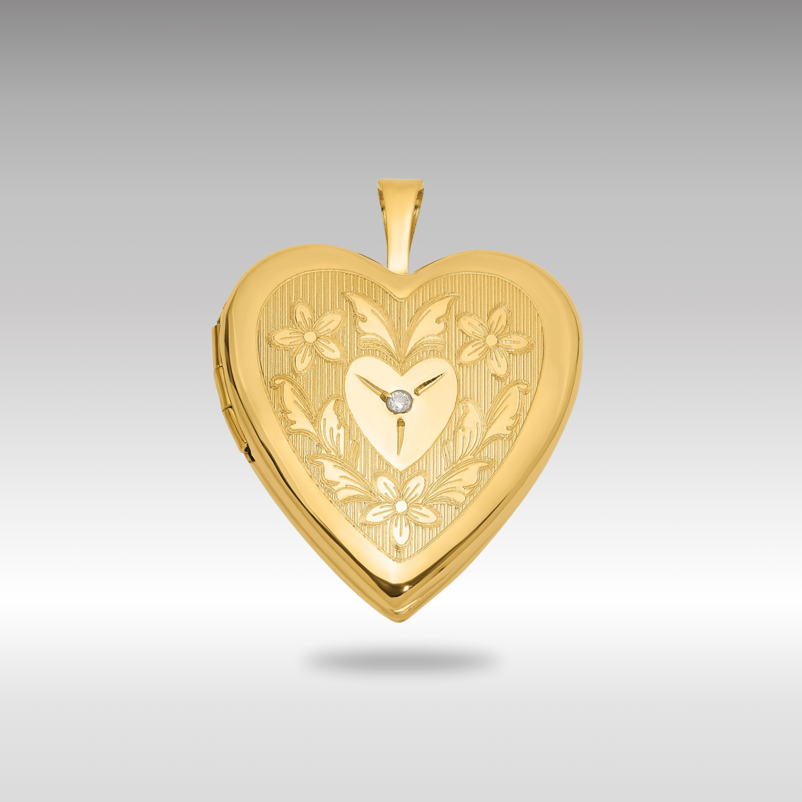 Gold 20mm Polished Floral Design Diamond Heart Locket Pendant - Model XL848 - Charlie & Co. Jewelry