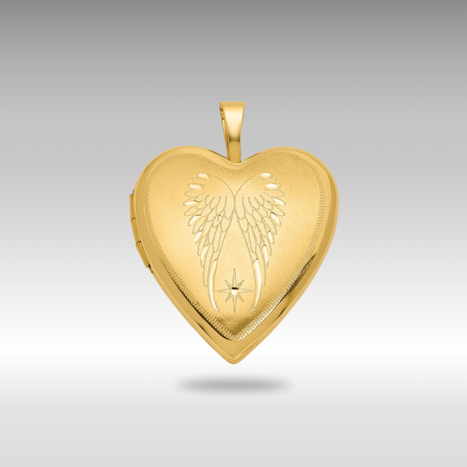 Gold Satin and Polished Angel Wings 20mm Heart Locket Pendant - Model XL850 - Charlie & Co. Jewelry