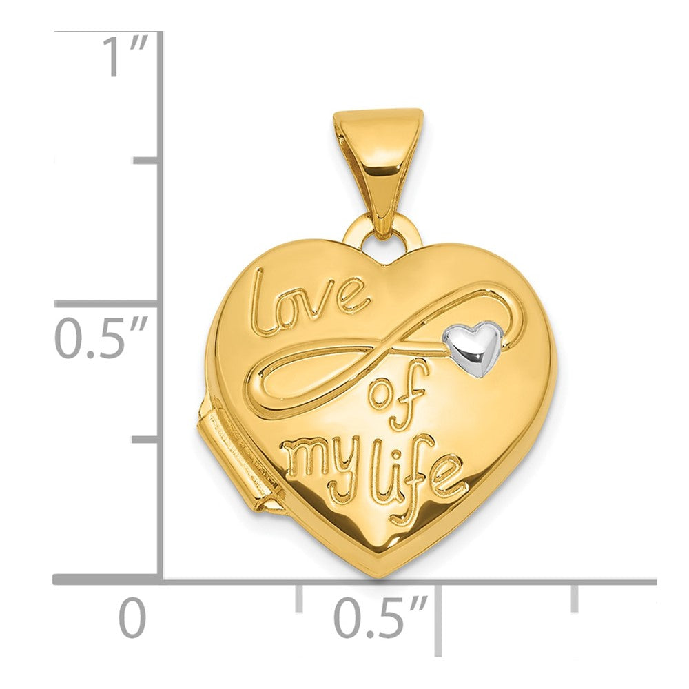 Gold Polished "LOVE OF MY LIFE" 15mm Heart Locket Pendant - Model XL856 - Charlie & Co. Jewelry