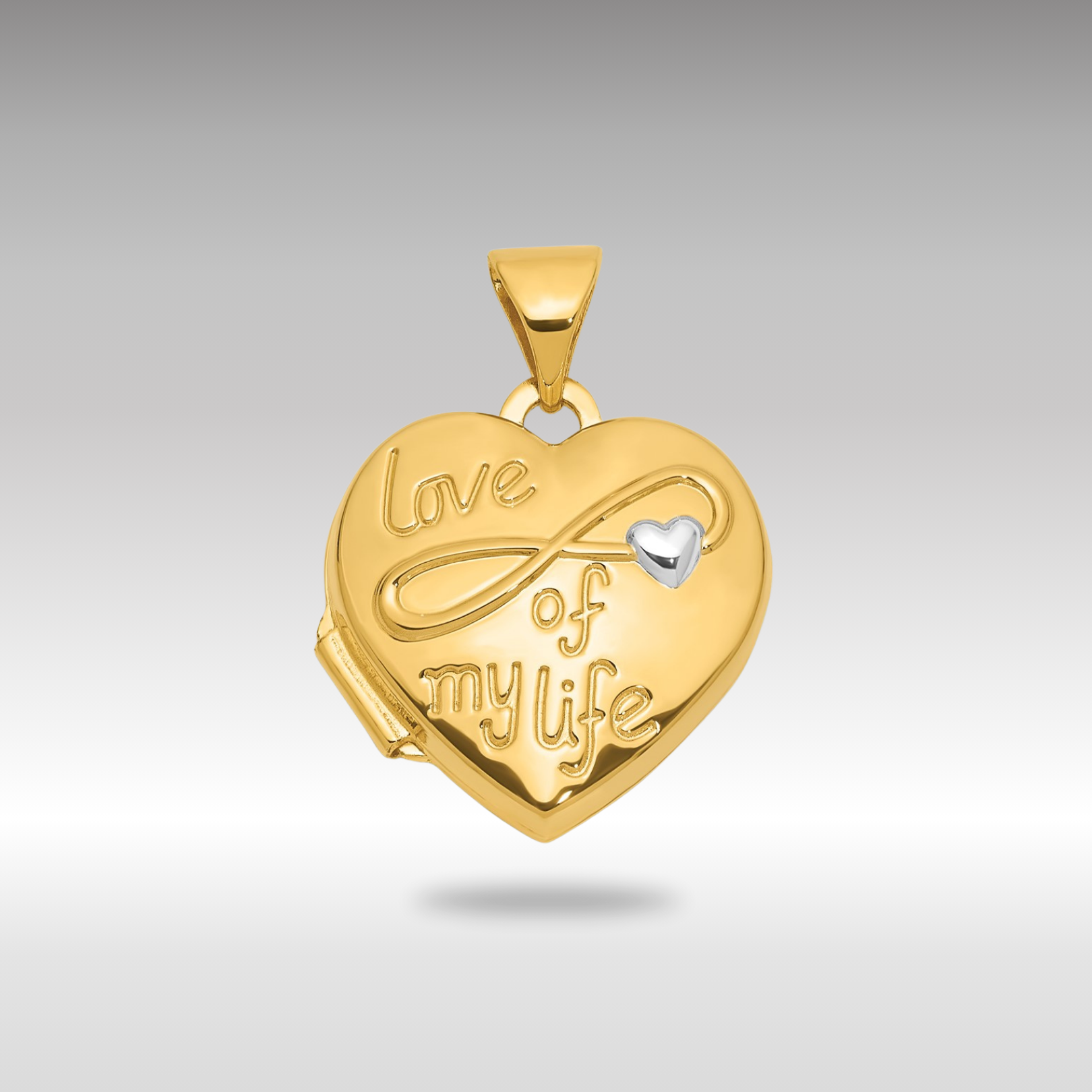 Gold Polished "LOVE OF MY LIFE" 15mm Heart Locket Pendant - Model XL856 - Charlie & Co. Jewelry