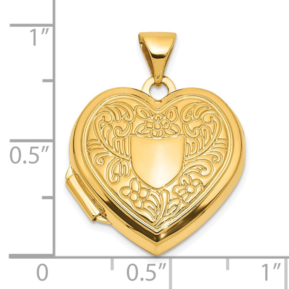 Gold Polished Fancy Floral Border and Crest 18mm Heart Locket - Model XL858 - Charlie & Co. Jewelry