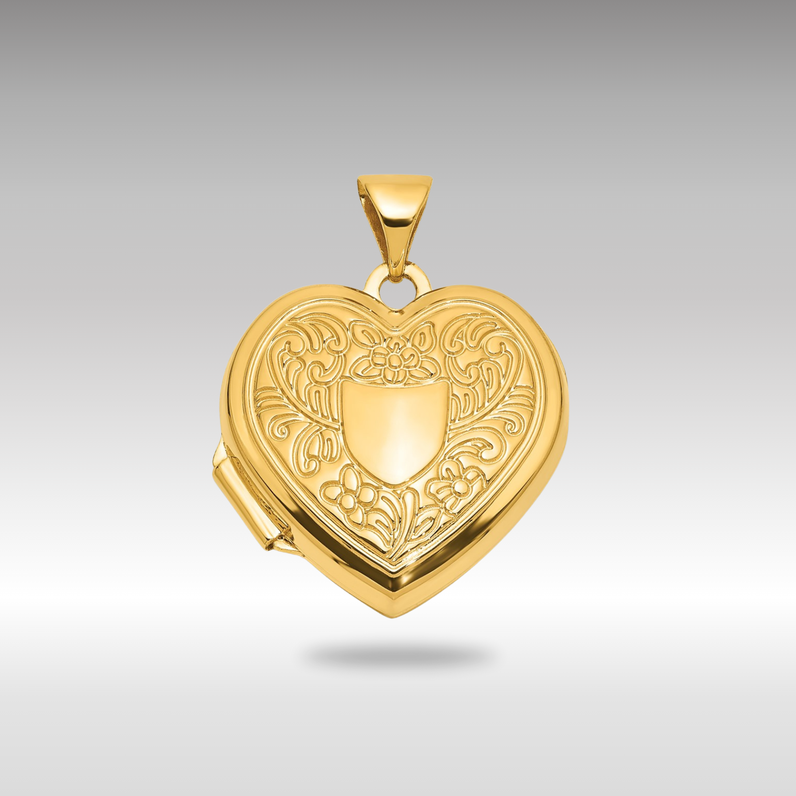 Gold Polished Fancy Floral Border and Crest 18mm Heart Locket - Model XL858 - Charlie & Co. Jewelry