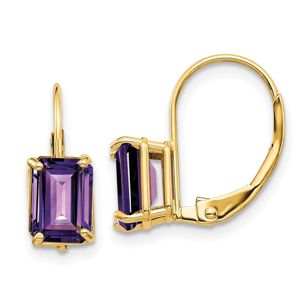 Gold 7x5mm Emerald Cut Amethyst Leverback Earrings Model-XLB124AM - Charlie & Co. Jewelry