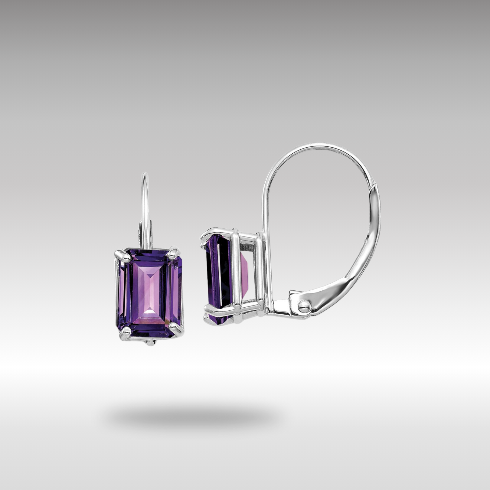 White Gold 7x5mm Emerald Cut Amethyst Leverback Earrings Model-XLB124WAM - Charlie & Co. Jewelry