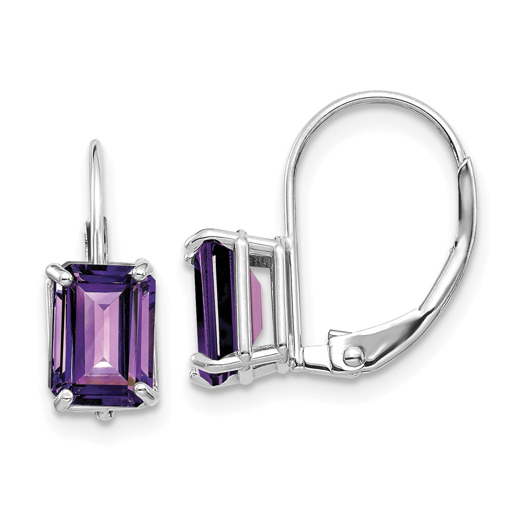 White Gold 7x5mm Emerald Cut Amethyst Leverback Earrings Model-XLB124WAM - Charlie & Co. Jewelry