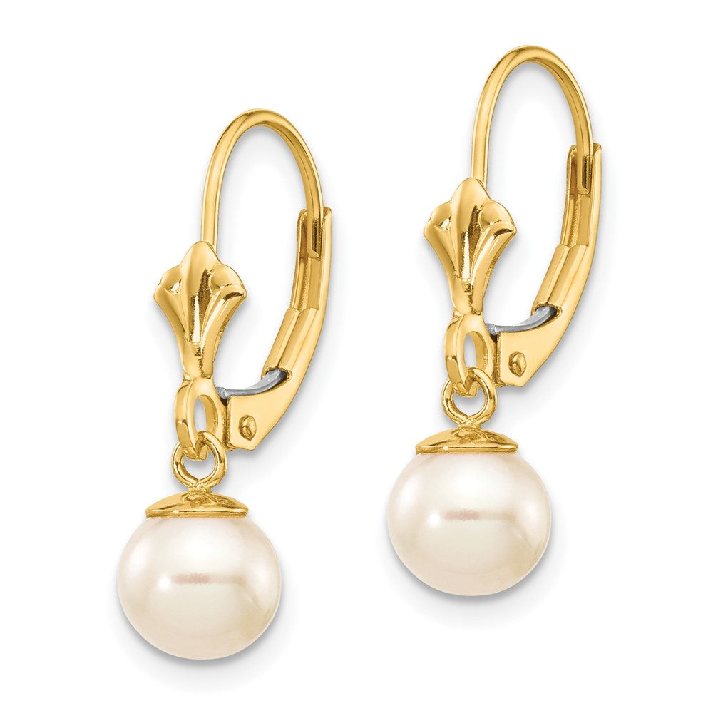 Gold 6-7mm White Round Freshwater Cultured Pearl Leverback Earrings Model-XLB154PL - Charlie & Co. Jewelry