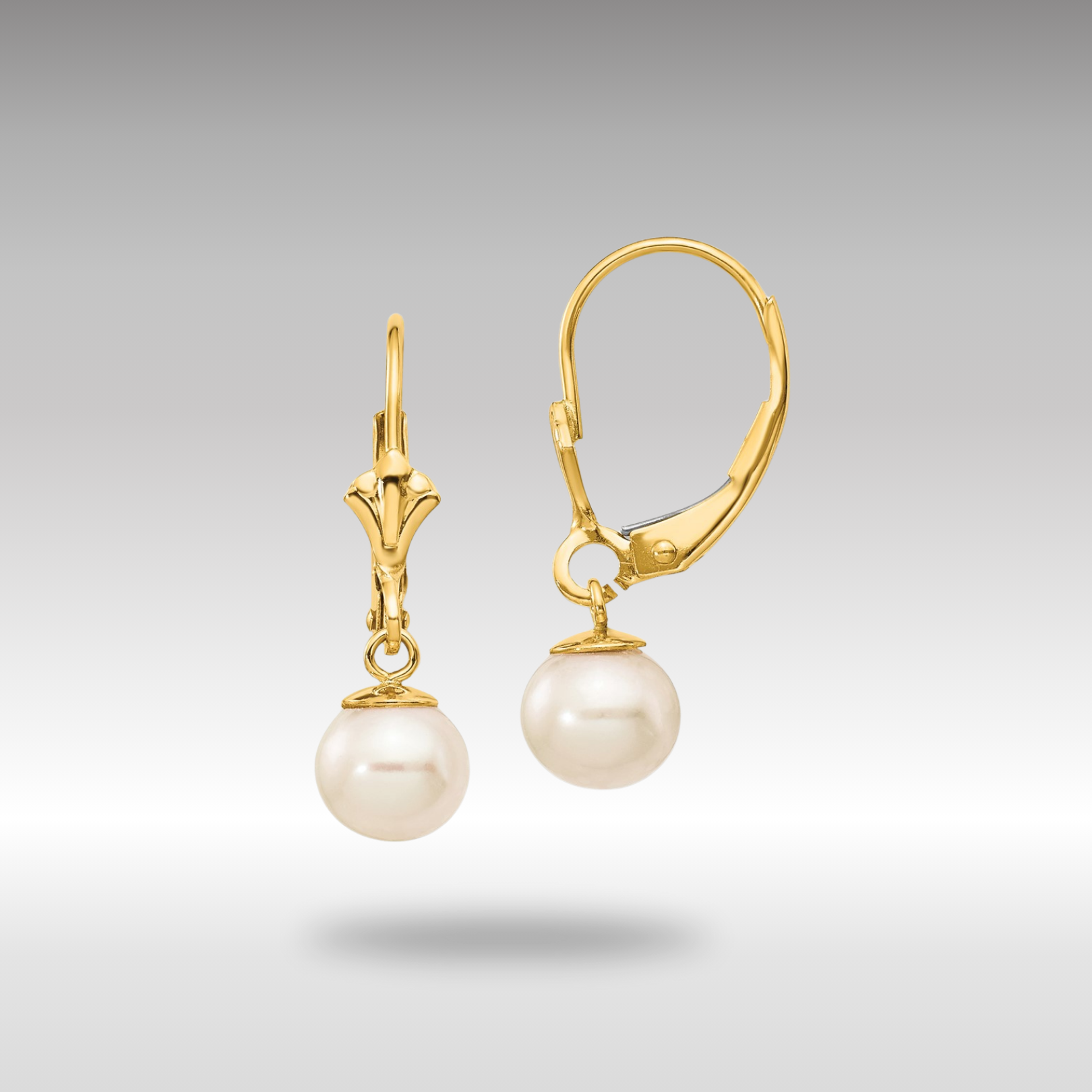 Gold 6-7mm White Round Freshwater Cultured Pearl Leverback Earrings Model-XLB154PL - Charlie & Co. Jewelry