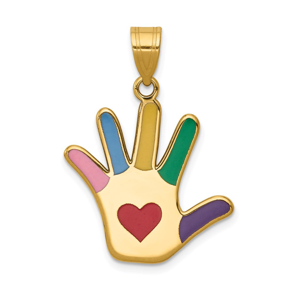 14K Gold Colorful Enameled Autism Awareness Heart Handprint Necklace Pendant - Charlie & Co. Jewelry